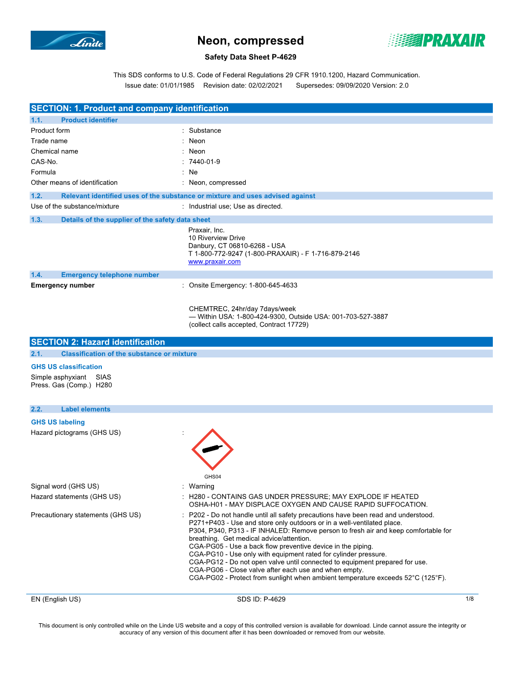 Compressed Neon Gas Safety Data Sheet