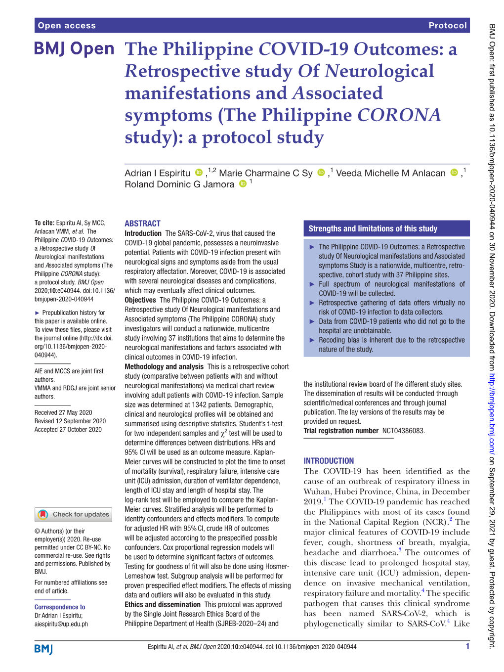 The Philippine COVID-19 Outcomes: a Retrospective Study of Neurological Manifestations and Associated Symptoms (The Philippine CORONA Study): a Protocol Study