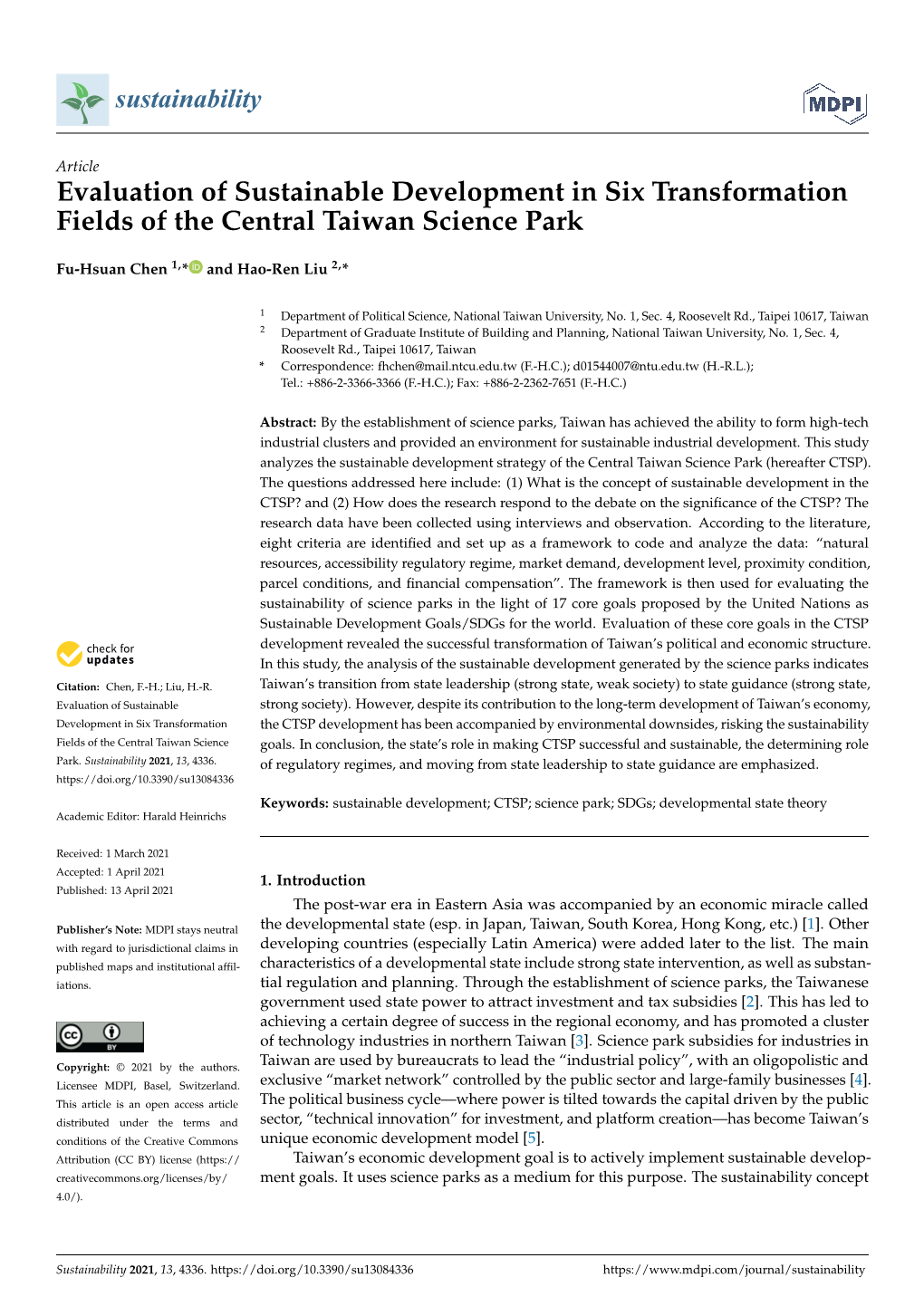 Evaluation of Sustainable Development in Six Transformation Fields of the Central Taiwan Science Park