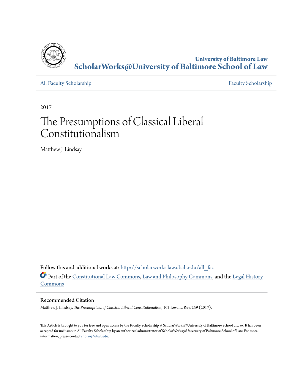 The Presumptions of Classical Liberal Constitutionalism, 102 Iowa L