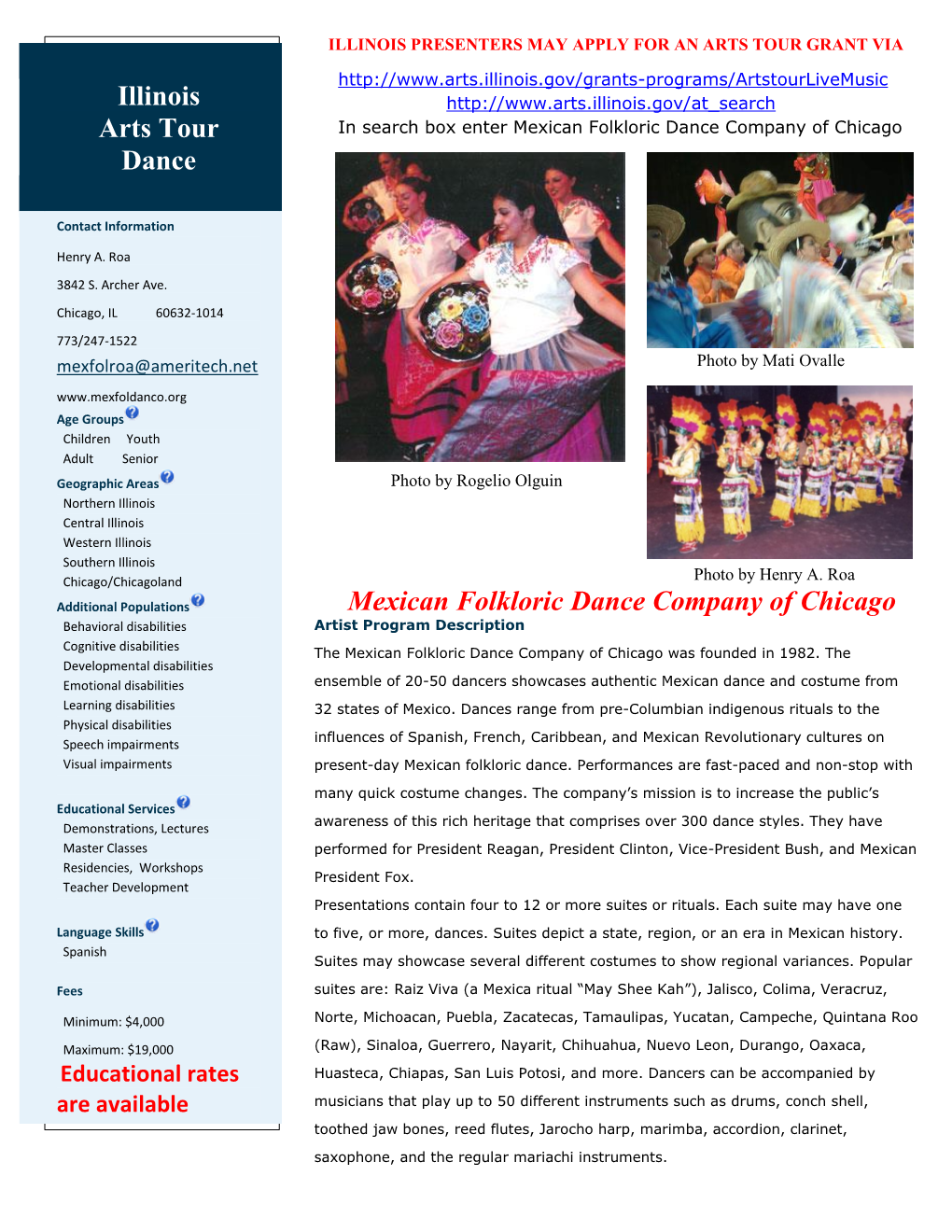 Mexican Folkloric Dance Company of Chicago Illinois Arts Tour Dance