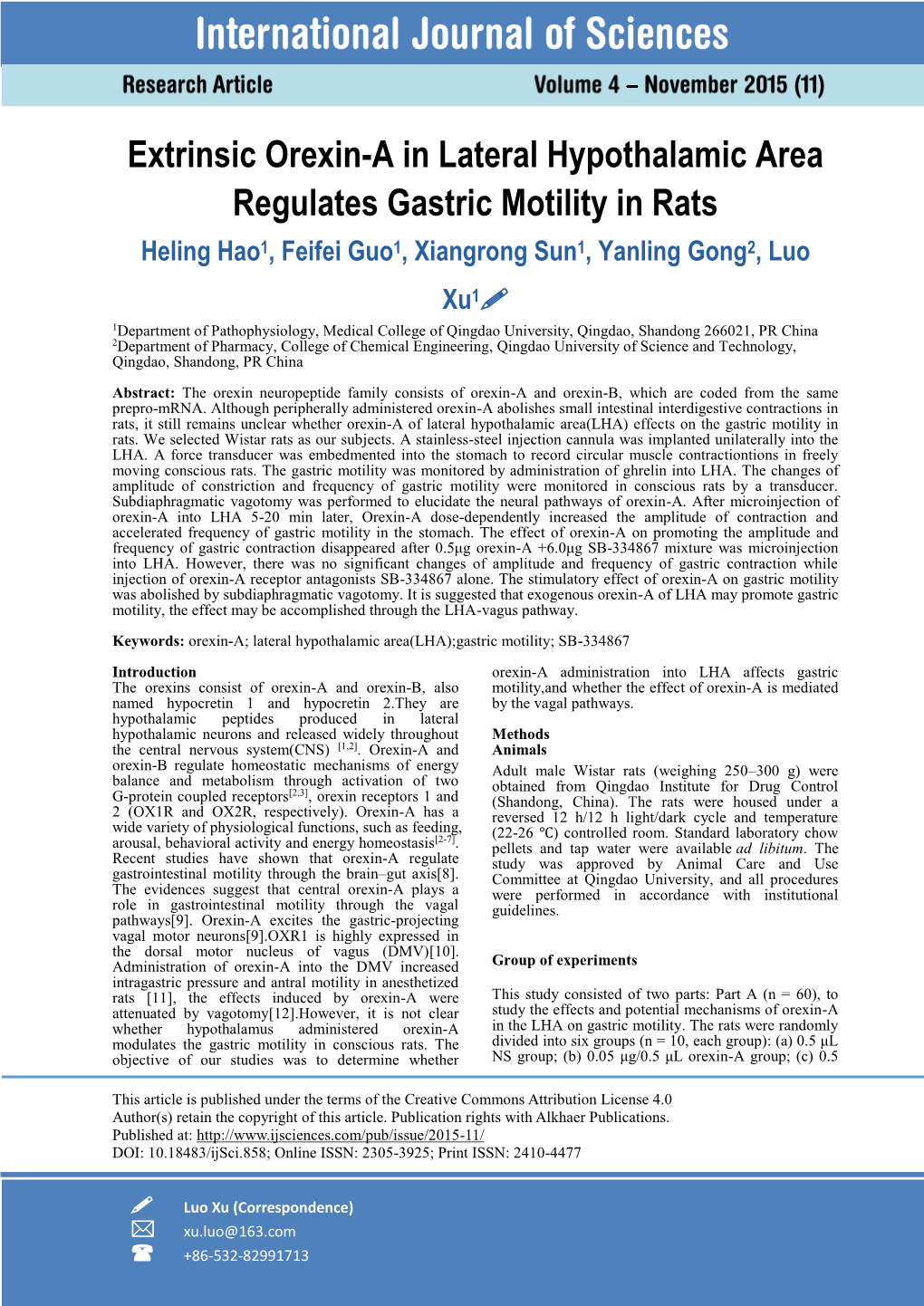 Extrinsic Orexin-A in Lateral Hypothalamic Area Regulates Gastric Motility in Rats