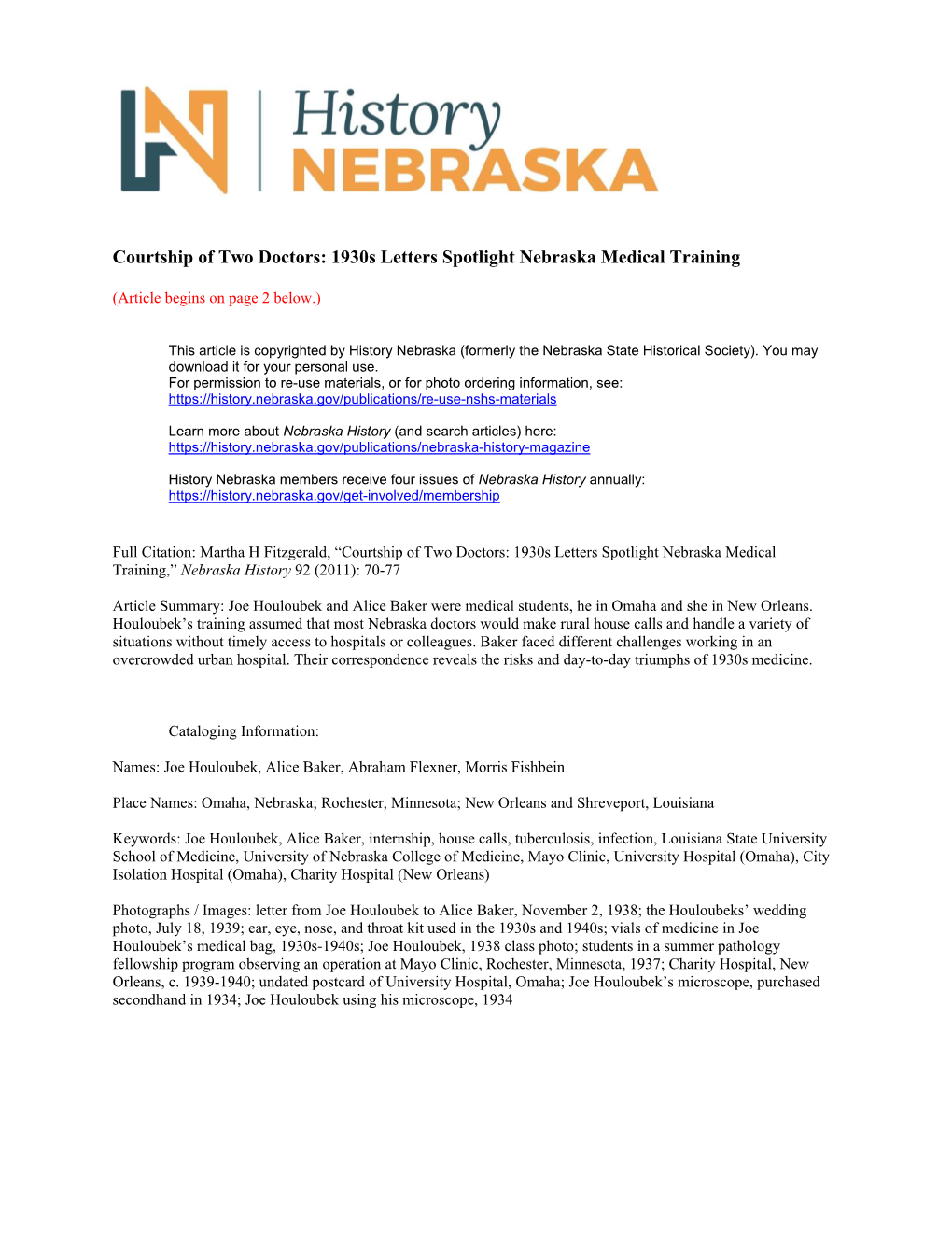 Courtship of Two Doctors: 1930S Letters Spotlight Nebraska Medical Training