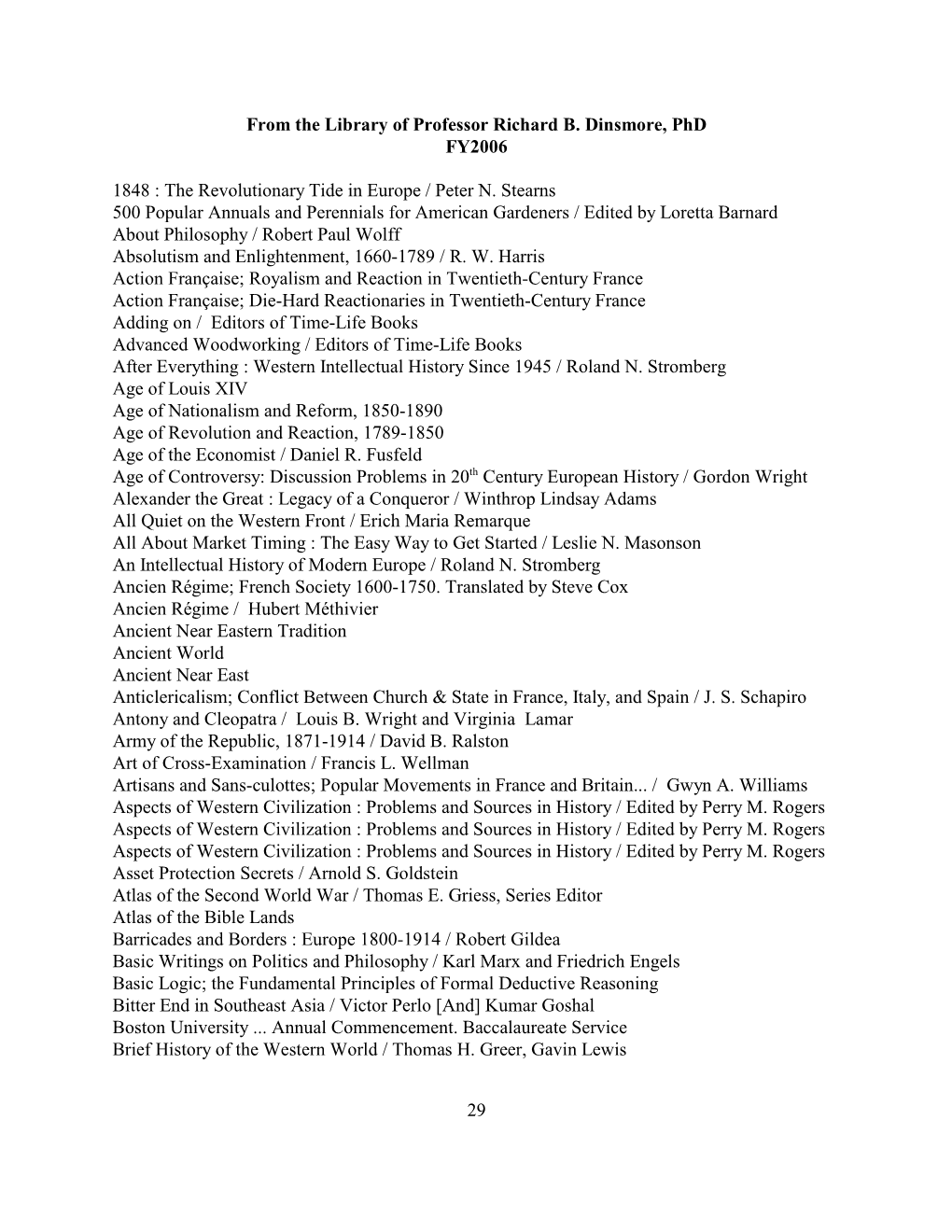 29 from the Library of Professor Richard B. Dinsmore, Phd FY2006