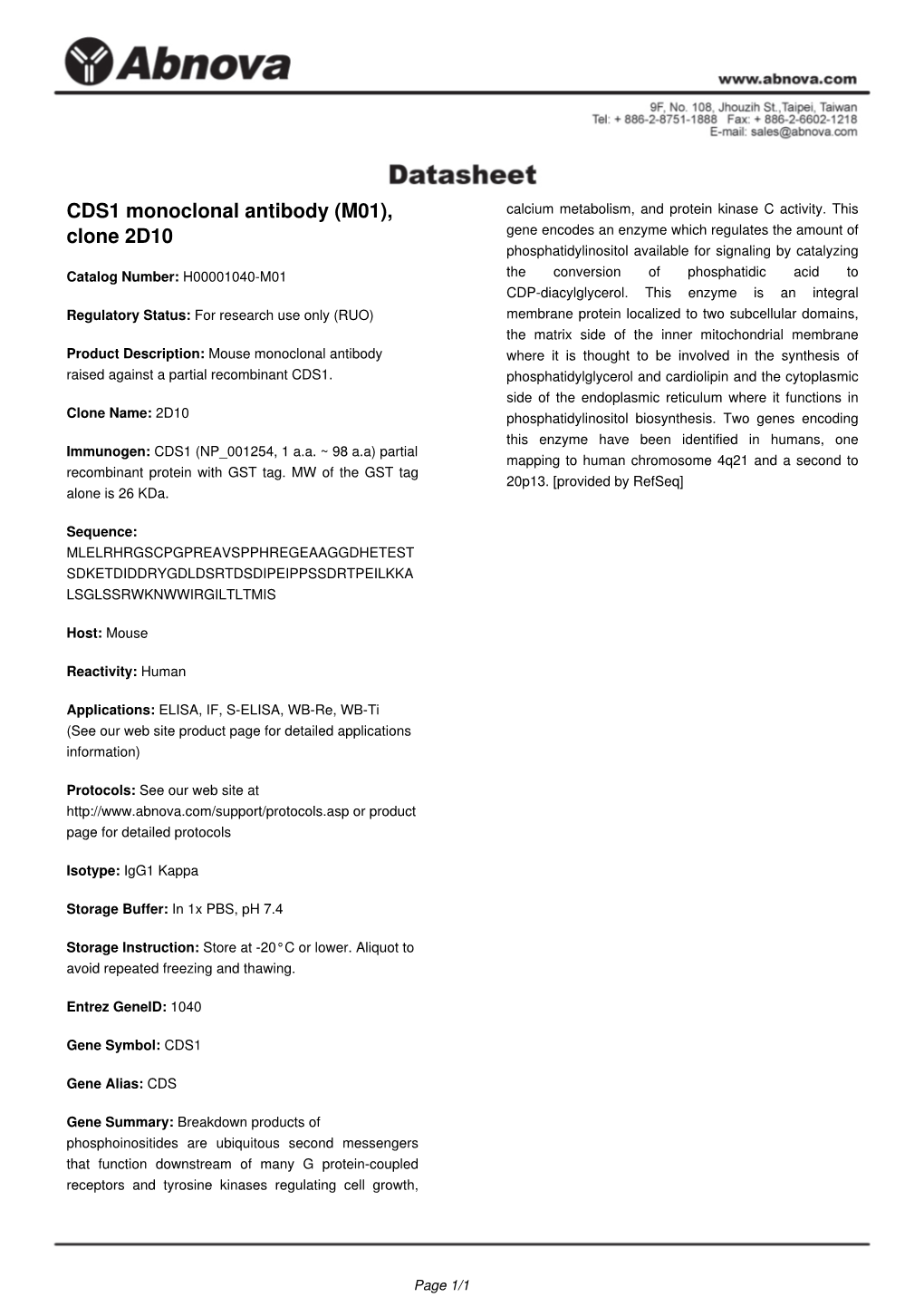 CDS1 Monoclonal Antibody (M01), Calcium Metabolism, and Protein Kinase C Activity