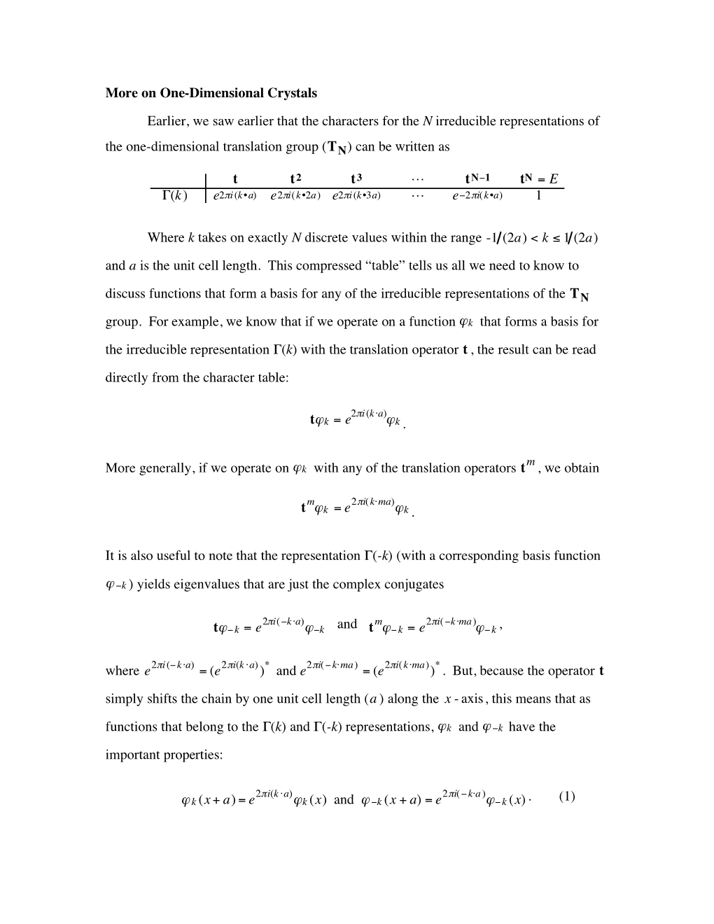 On One-Dimensional Crystals Earlier, We Saw Earlier That the Characters for the N Irreducible Representations Of