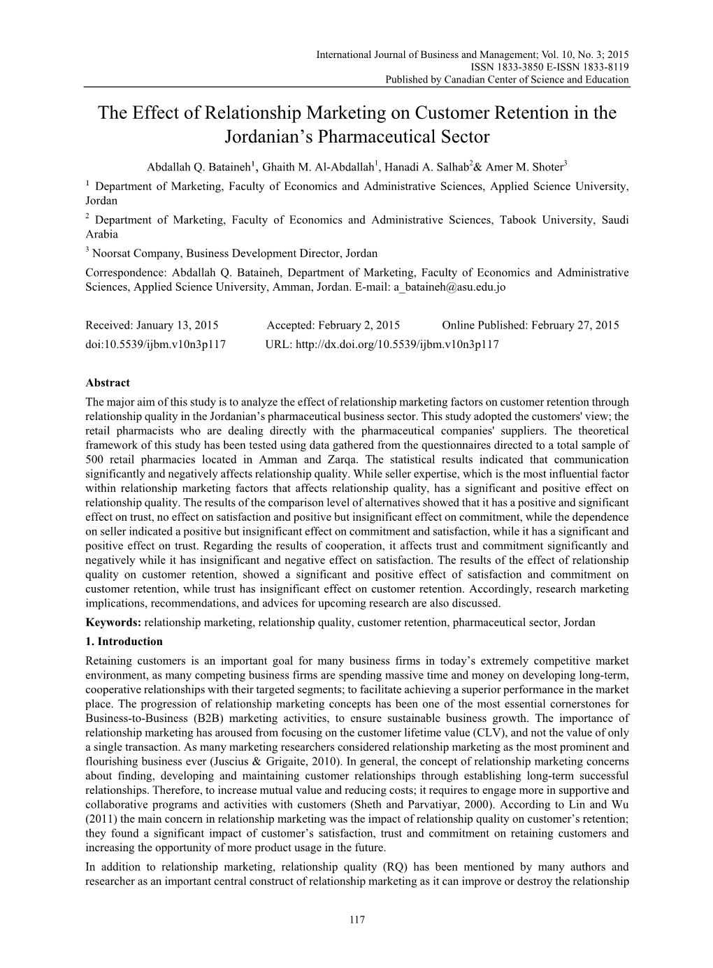 The Effect of Relationship Marketing on Customer Retention in the Jordanian’S Pharmaceutical Sector