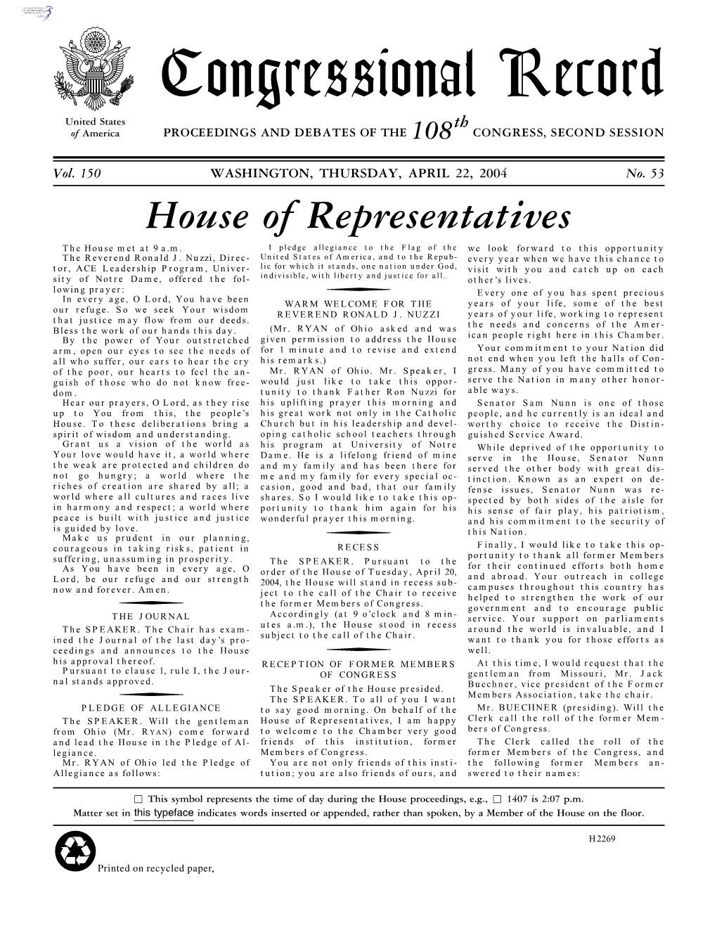 Congressional Record United States Th of America PROCEEDINGS and DEBATES of the 108 CONGRESS, SECOND SESSION