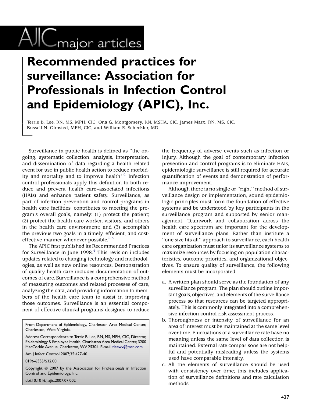 Recommended Practices for Surveillance: Association for Professionals in Infection Control and Epidemiology (APIC), Inc