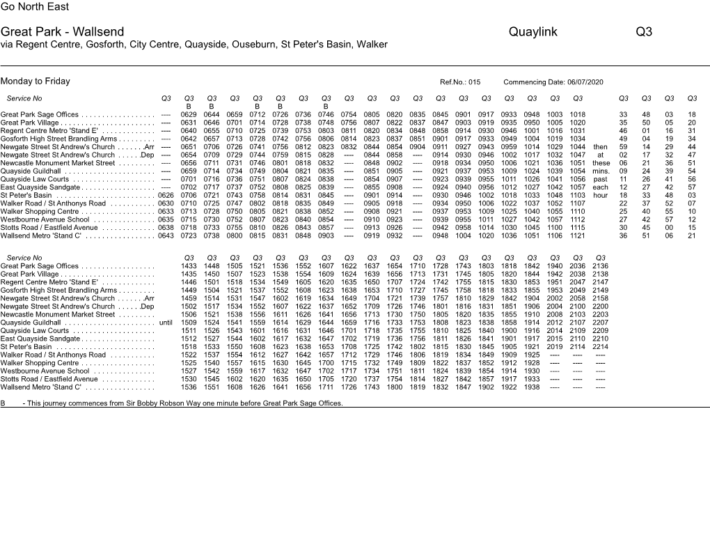 Wallsend Quaylink Q3 Via Regent Centre, Gosforth, City Centre, Quayside, Ouseburn, St Peter's Basin, Walker