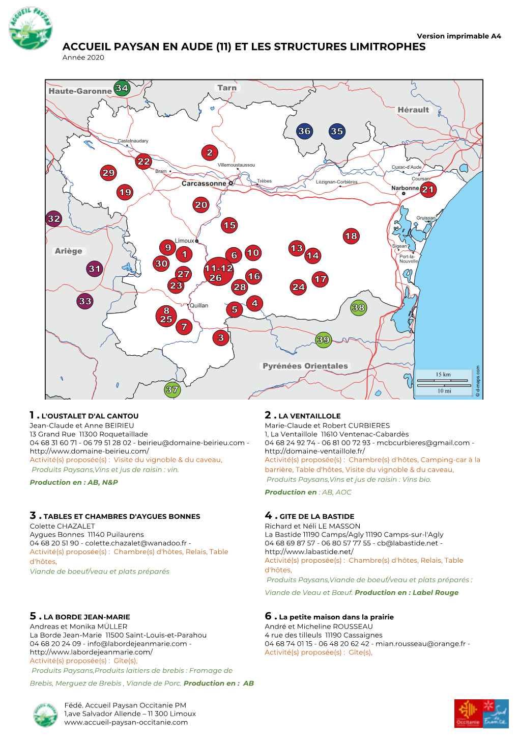 ACCUEIL PAYSAN EN AUDE (11) ET LES STRUCTURES LIMITROPHES Année 2020