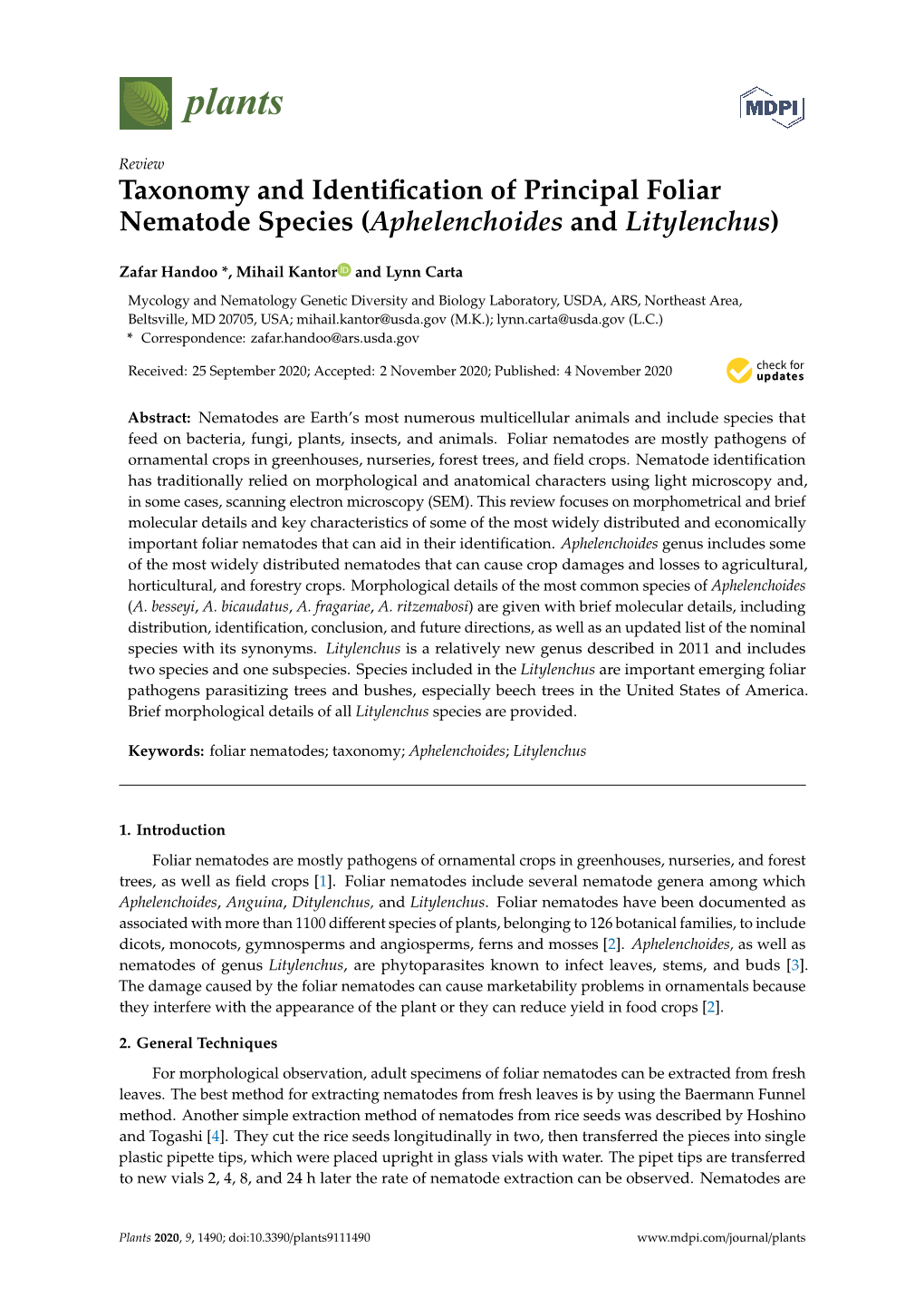 Taxonomy and Identification of Principal Foliar Nematode Species (Aphelenchoides and Litylenchus)