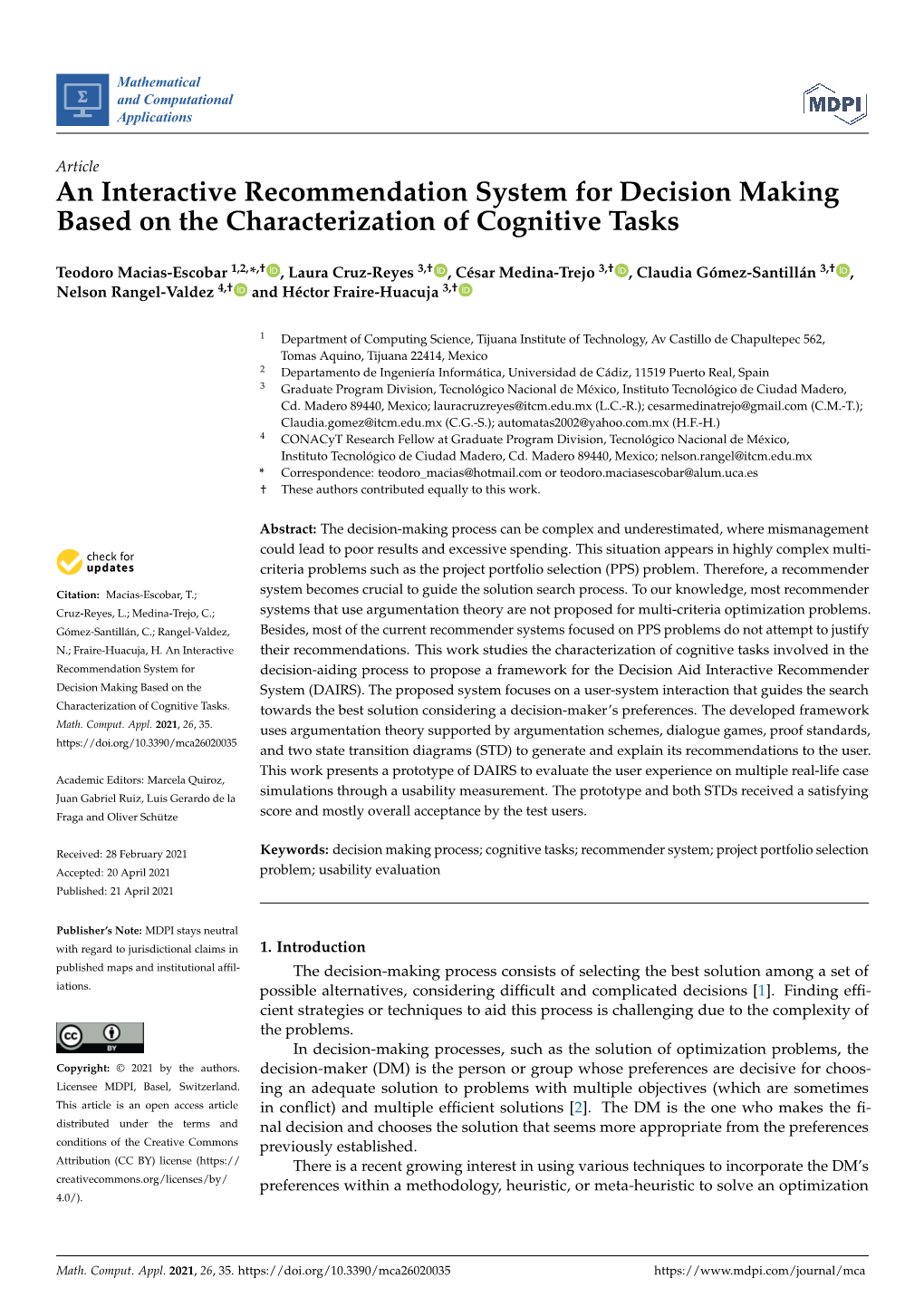 An Interactive Recommendation System for Decision Making Based on the Characterization of Cognitive Tasks