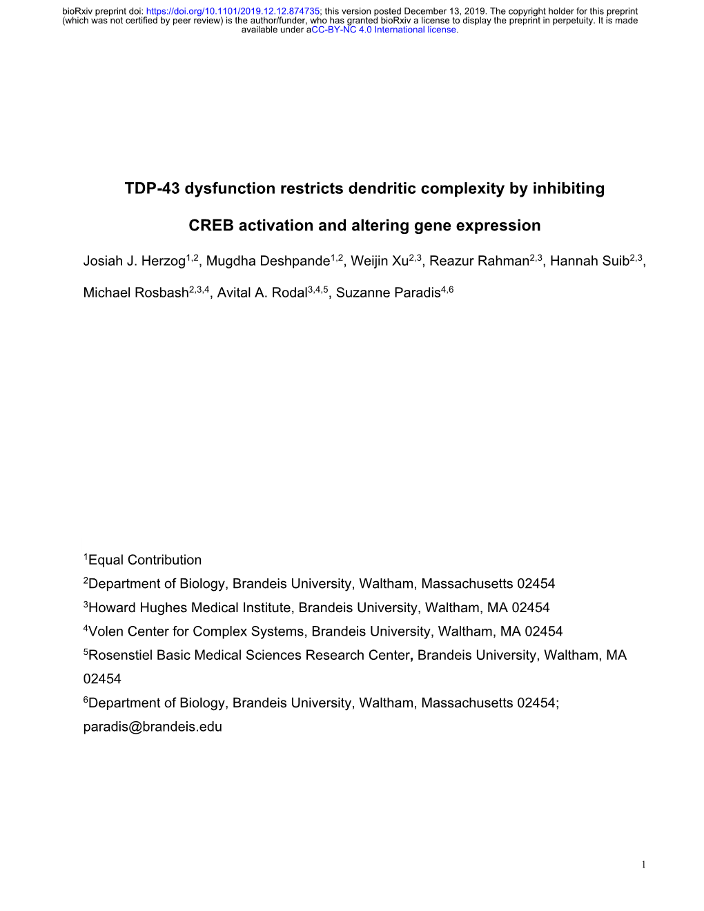 TDP-43 Dysfunction Restricts Dendritic Complexity by Inhibiting CREB