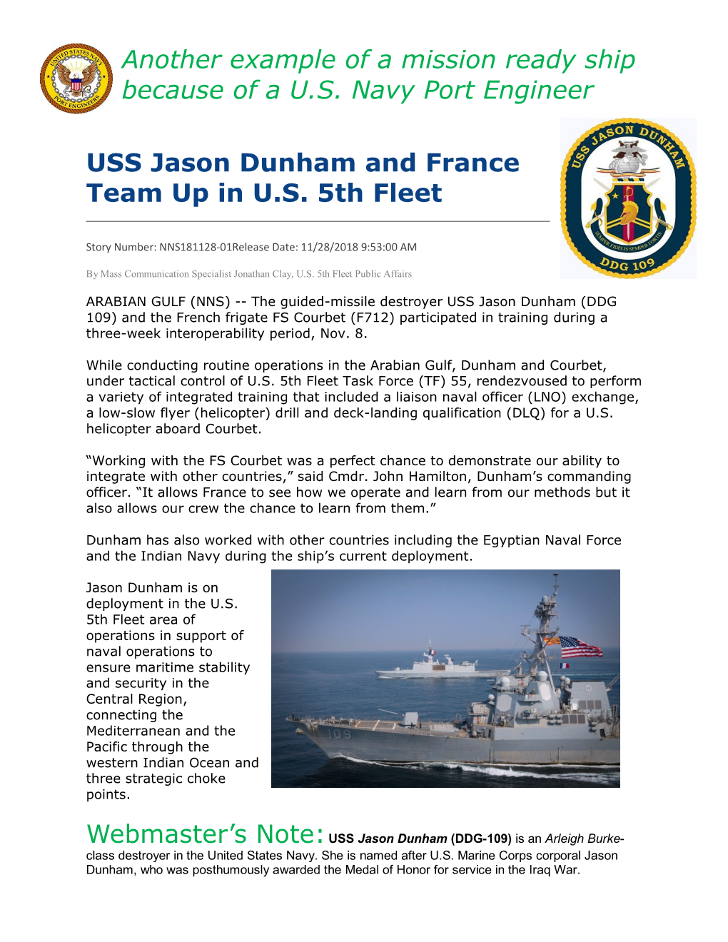 USS Jason Dunham (DDG 109) and the French Frigate FS Courbet (F712) Participated in Training During a Three-Week Interoperability Period, Nov