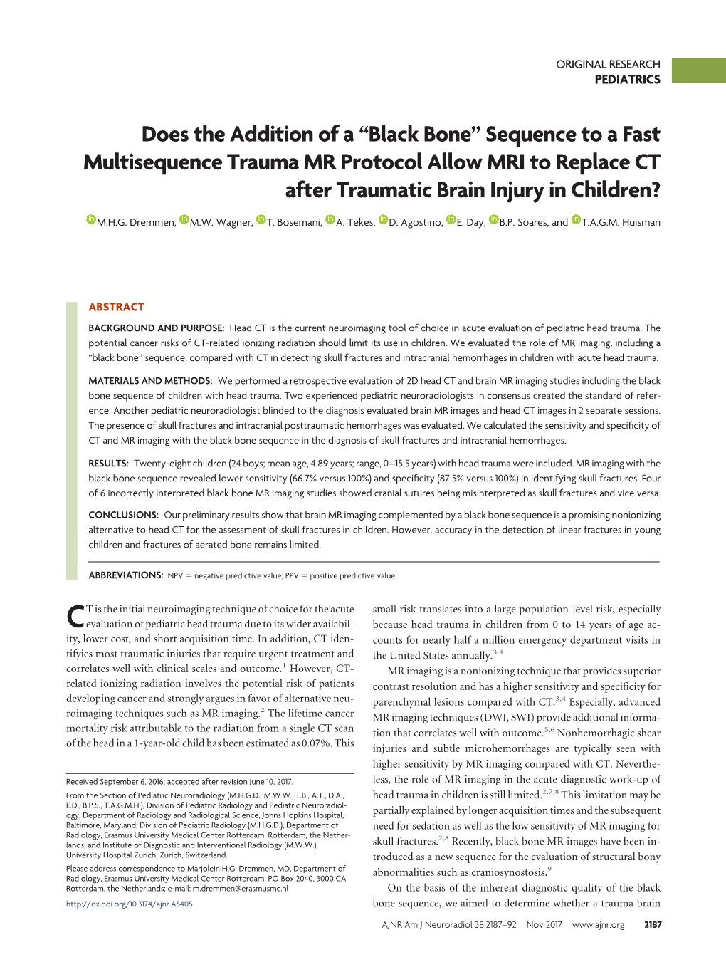 Black Bone” Sequence to a Fast Multisequence Trauma MR Protocol Allow MRI to Replace CT After Traumatic Brain Injury in Children?