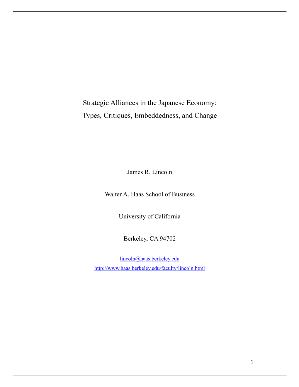 Strategic Alliances in the Japanese Economy: Types, Critiques, Embeddedness, and Change