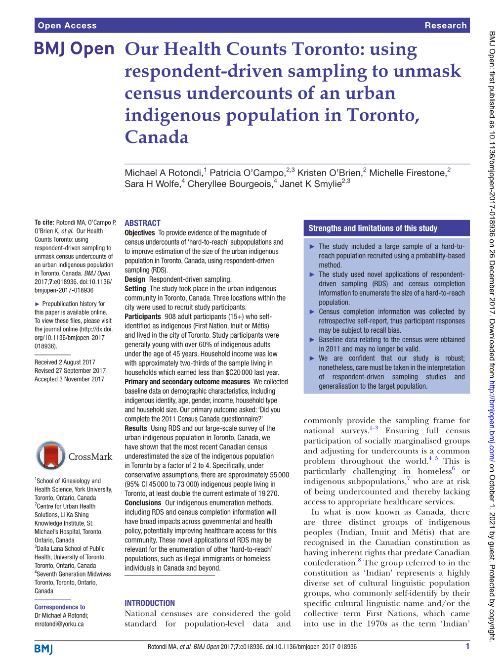 Our Health Counts Toronto: Using Respondent-Driven Sampling to Unmask Census Undercounts of an Urban Indigenous Population in Toronto, Canada