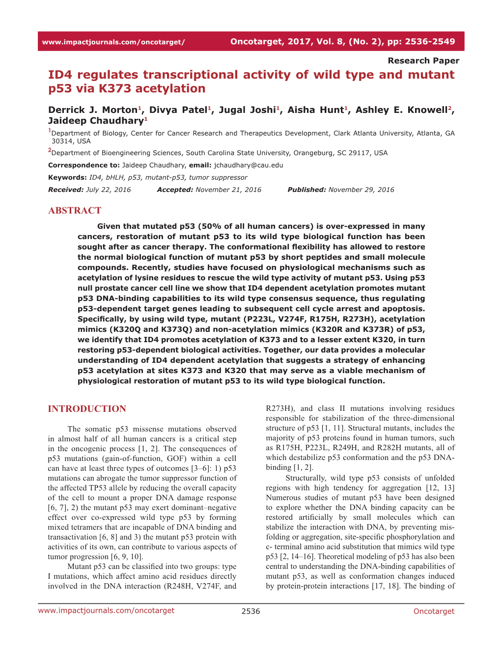 ID4 Regulates Transcriptional Activity of Wild Type and Mutant P53 Via K373 Acetylation