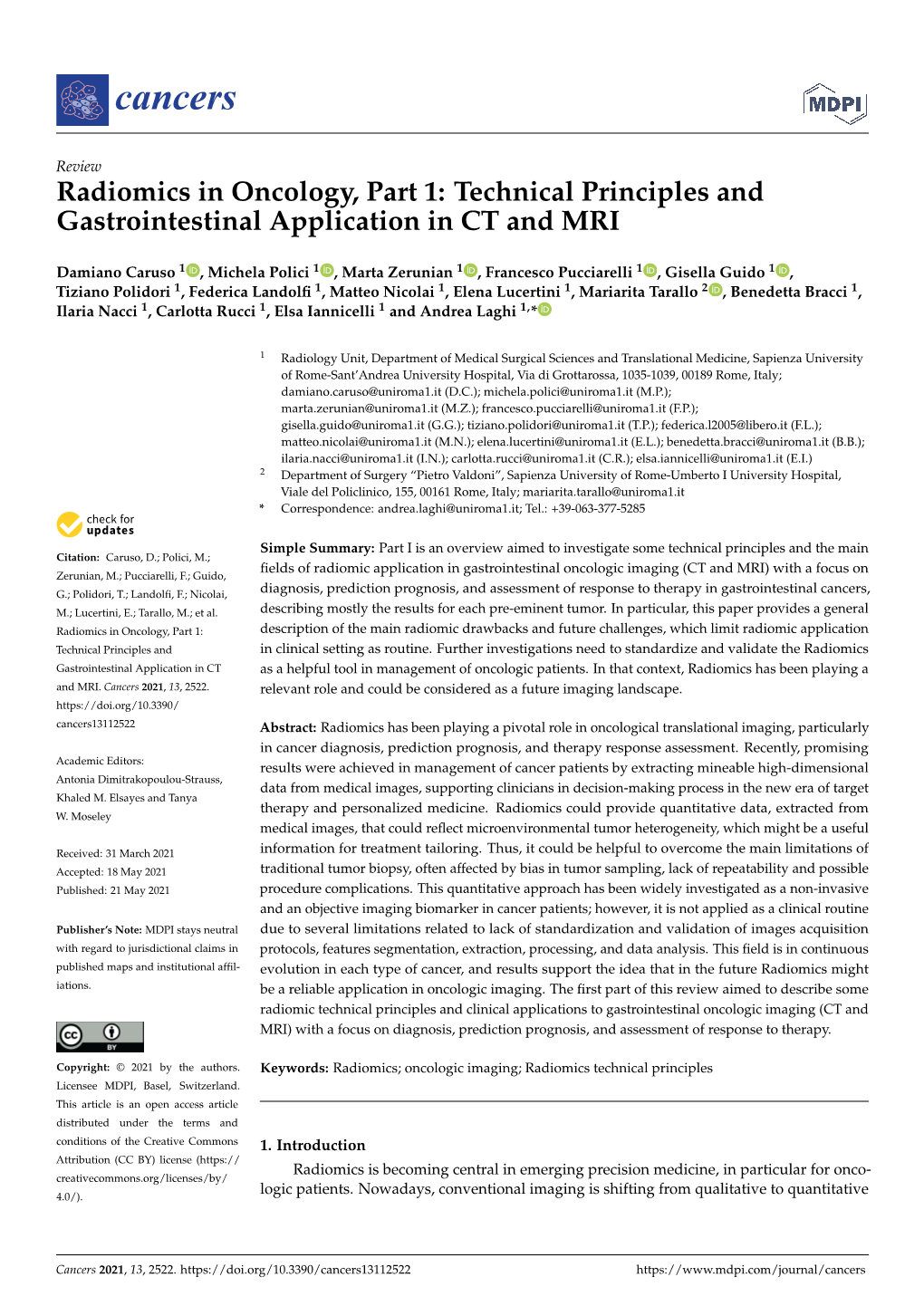 Radiomics in Oncology, Part 1: Technical Principles and Gastrointestinal Application in CT and MRI