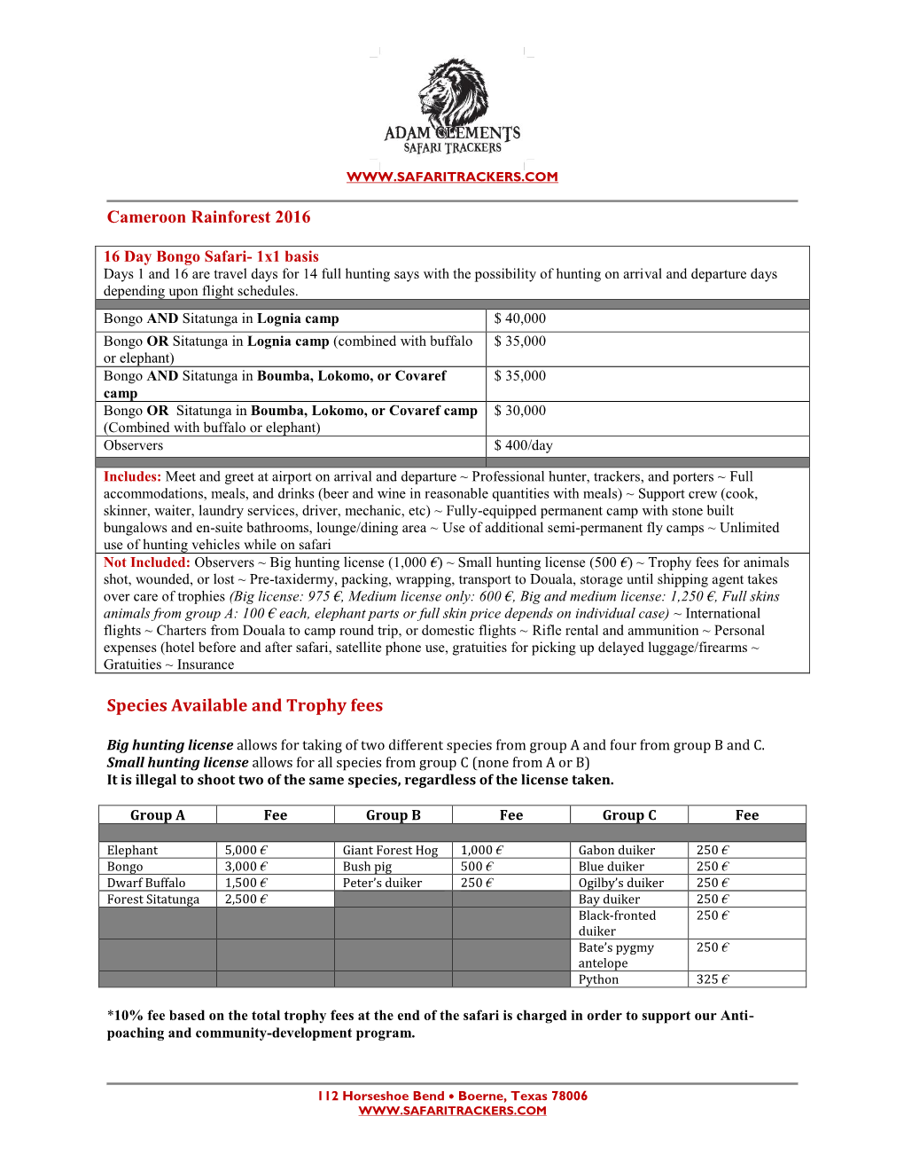 ACST Cameroon Rainforest Price Sheet 2015