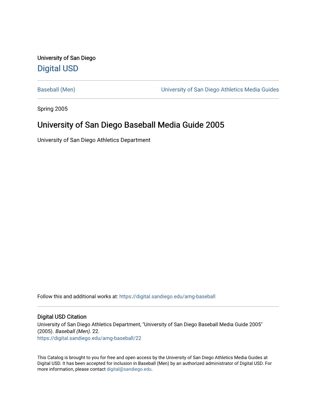 University of San Diego Baseball Media Guide 2005