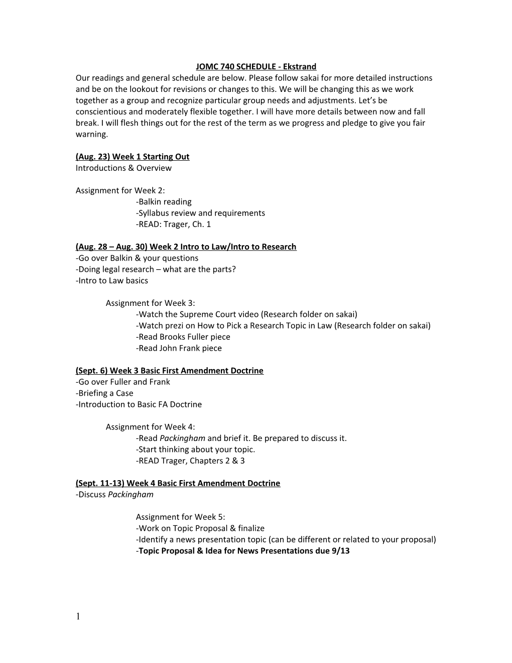 JOMC 740 SCHEDULE - Ekstrand