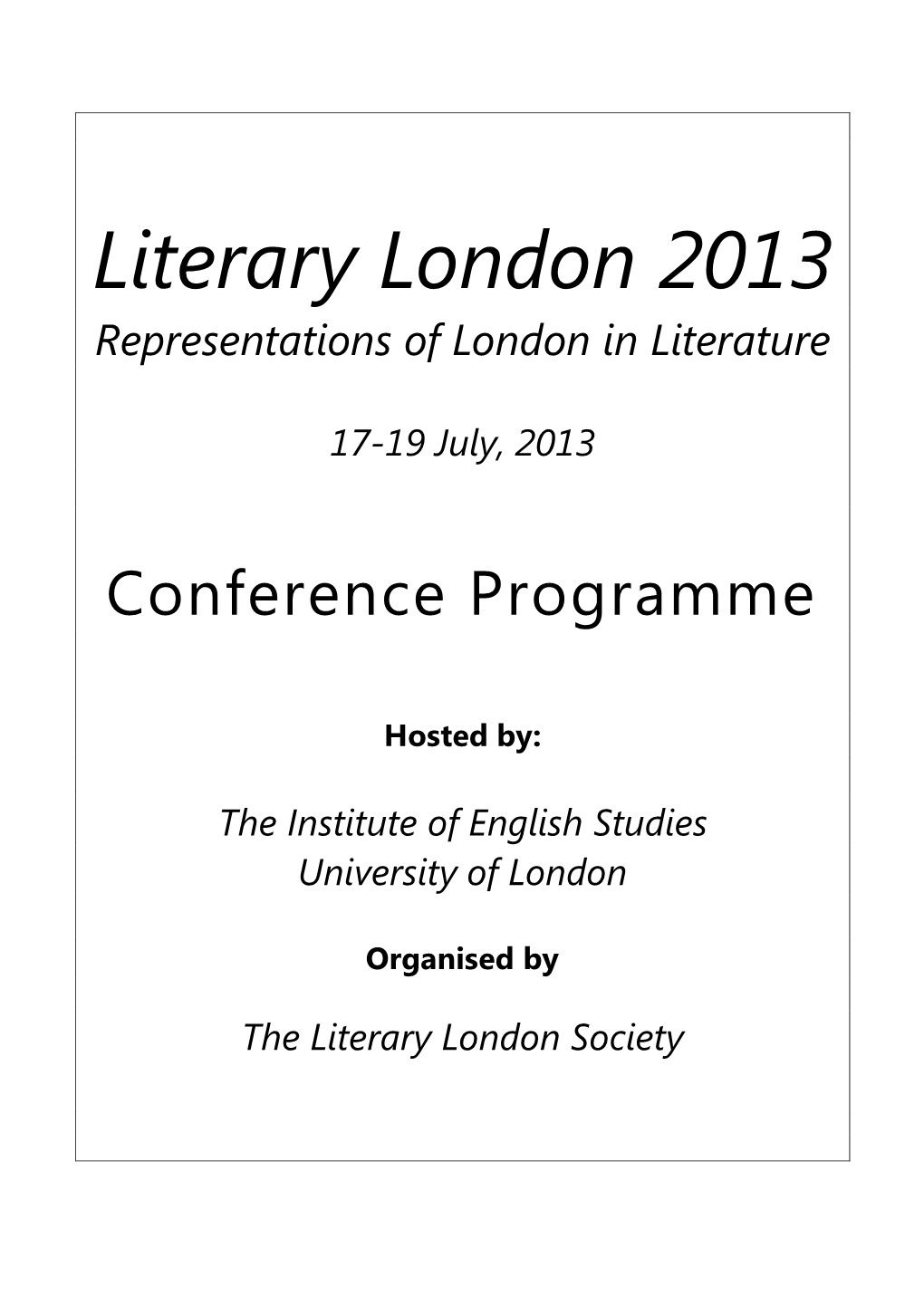 Literary London Conference Programme 2010