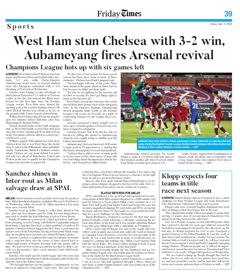 West Ham Stun Chelsea with 3-2 Win, Aubameyang Fires Arsenal Revival