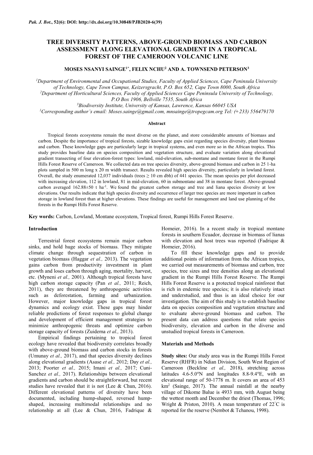 Tree Diversity Patterns, Above-Ground Biomass and Carbon Assessment Along Elevational Gradient in a Tropical Forest of the Cameroon Volcanic Line