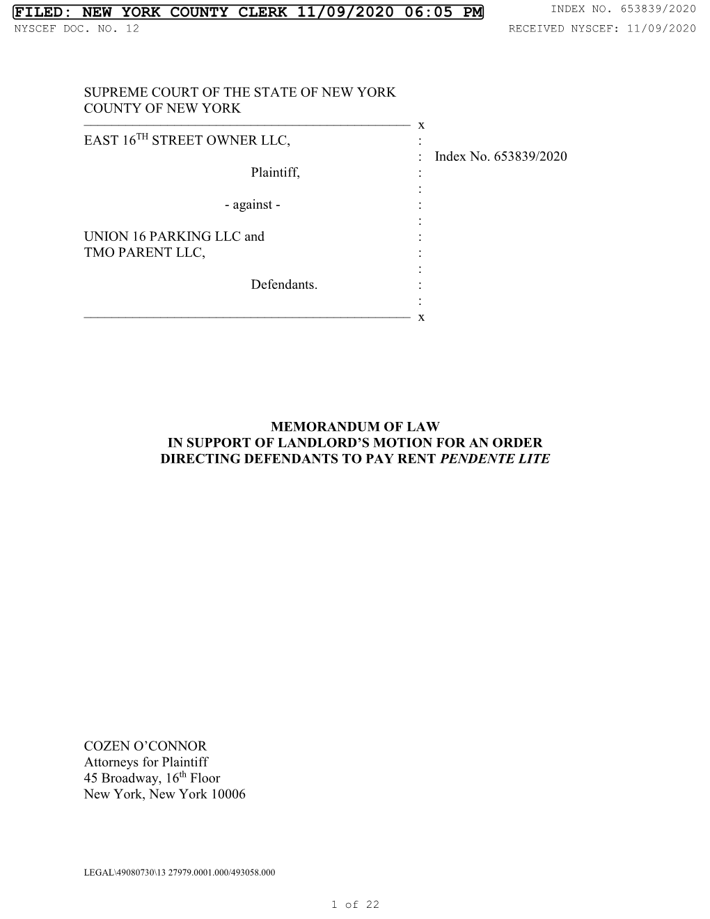 11/09/2020 Plaintiff's OTSC Directing Defendants Pay Rent Pendente Lite