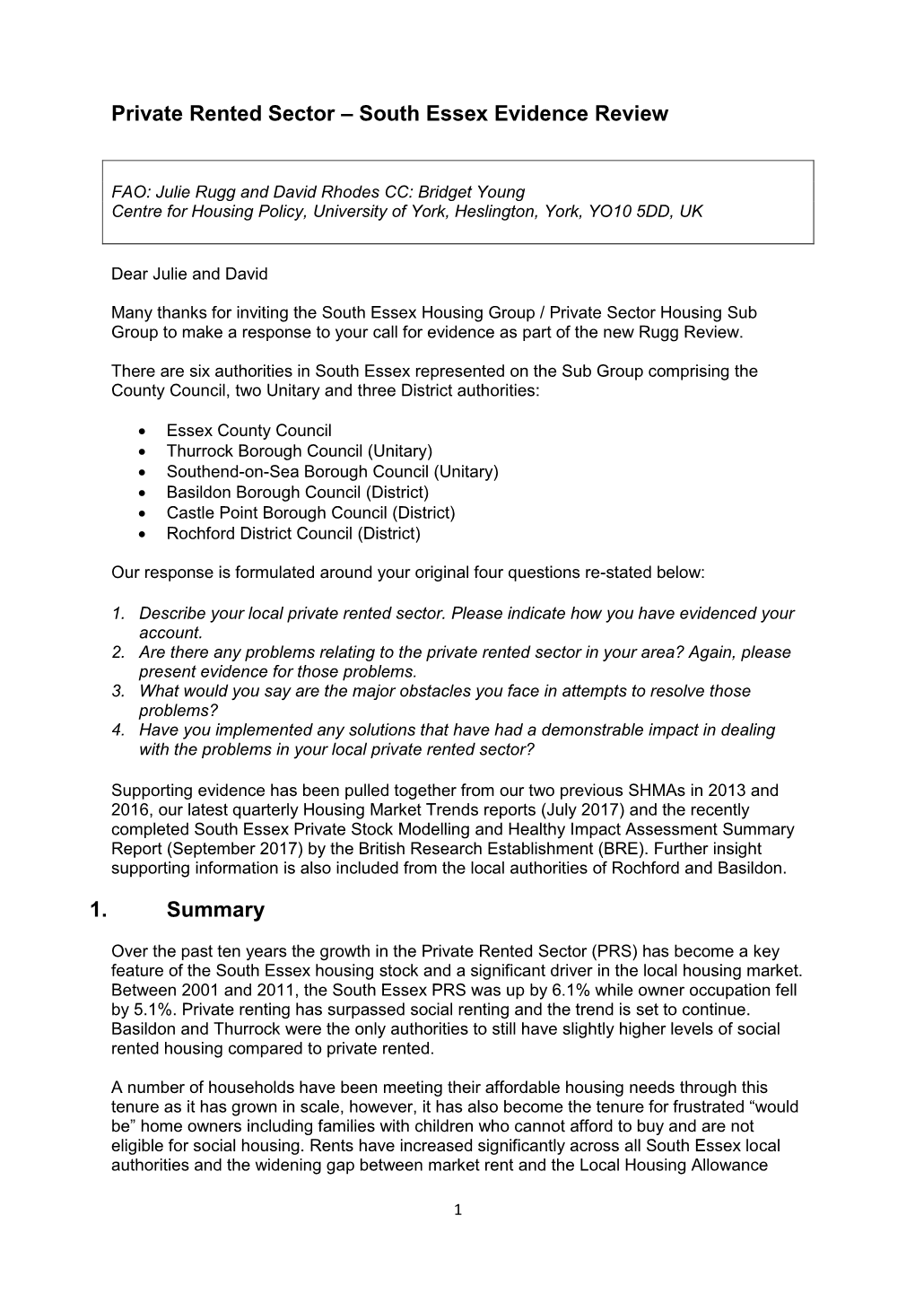 Private Rented Sector – South Essex Evidence Review 1. Summary