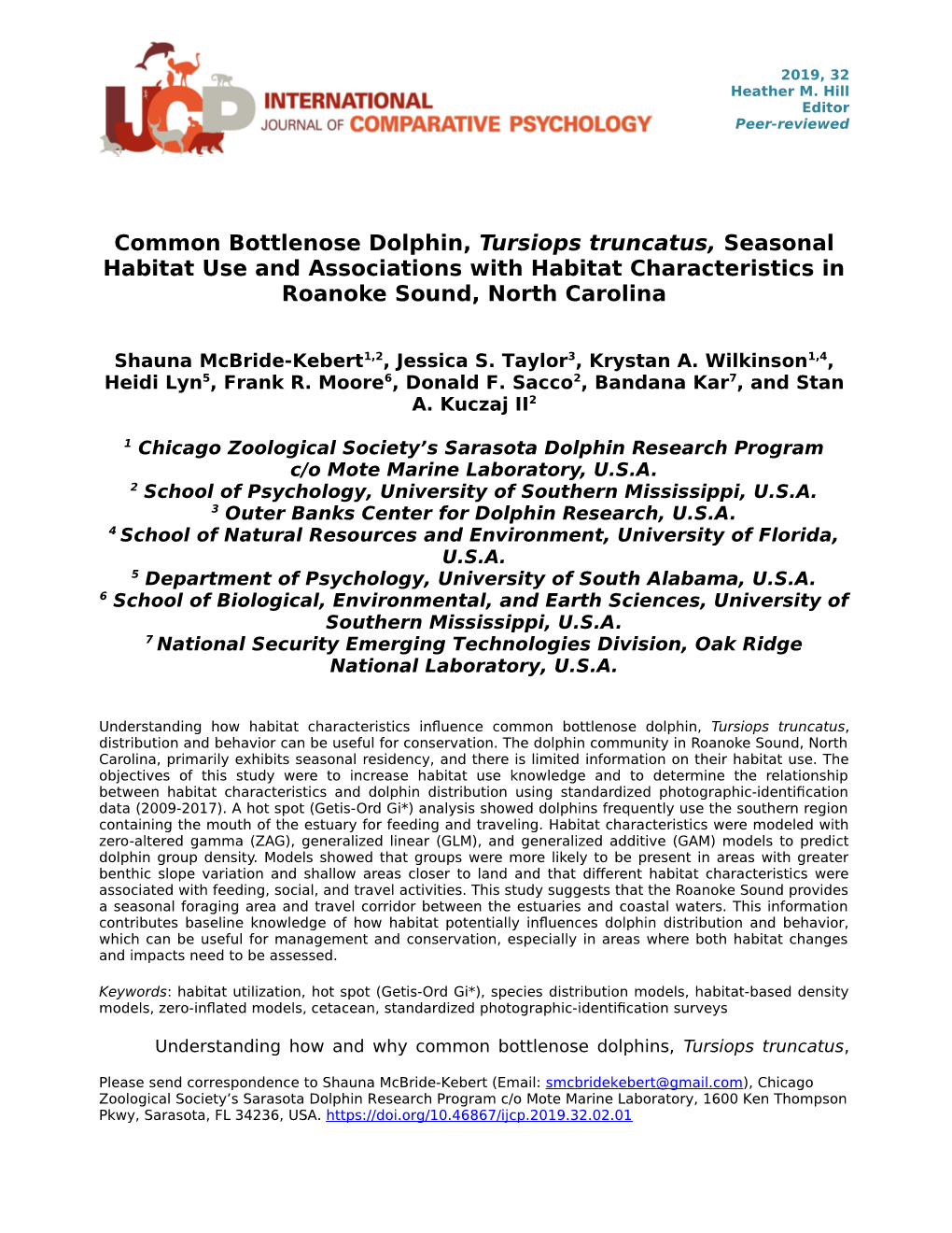 Common Bottlenose Dolphin, Tursiops Truncatus, Seasonal Habitat Use and Associations with Habitat Characteristics in Roanoke Sound, North Carolina