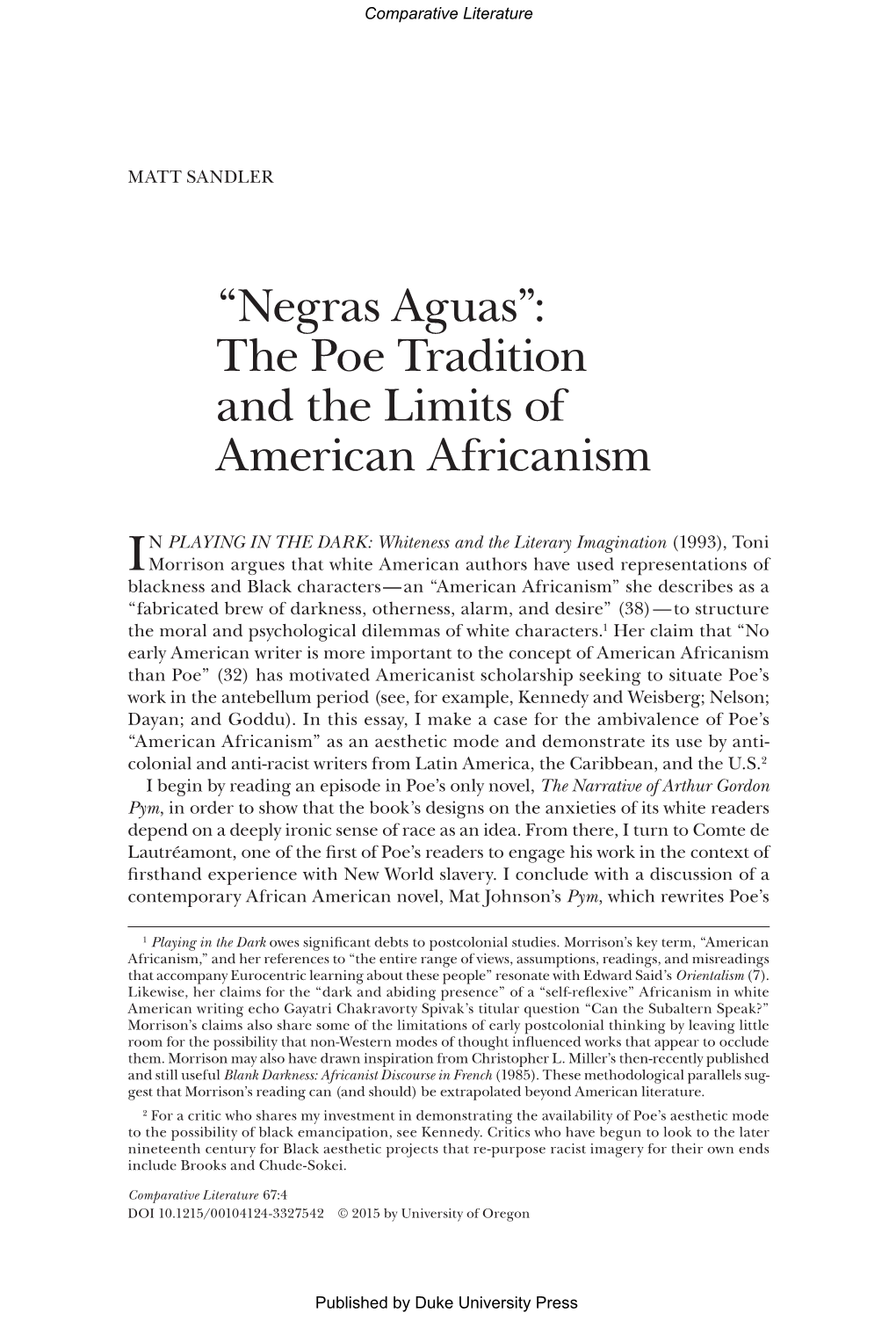 The Poe Tradition and the Limits of American Africanism