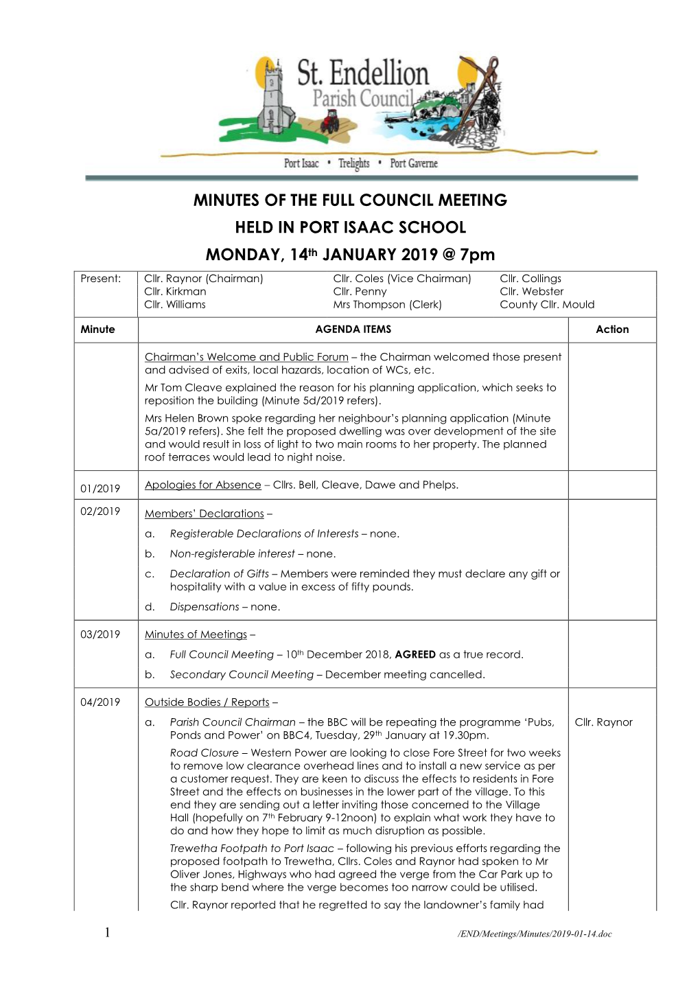 MINUTES of the FULL COUNCIL MEETING HELD in PORT ISAAC SCHOOL MONDAY, 14Th JANUARY 2019 @ 7Pm Present: Cllr