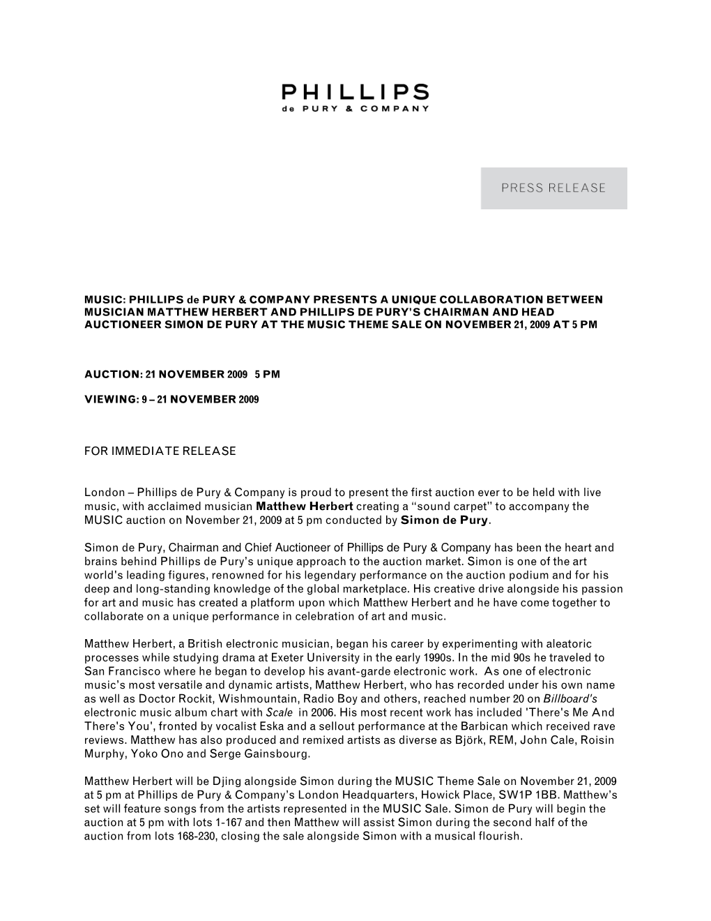 FOR IMMEDIATE RELEASE London – Phillips De Pury & Company Is