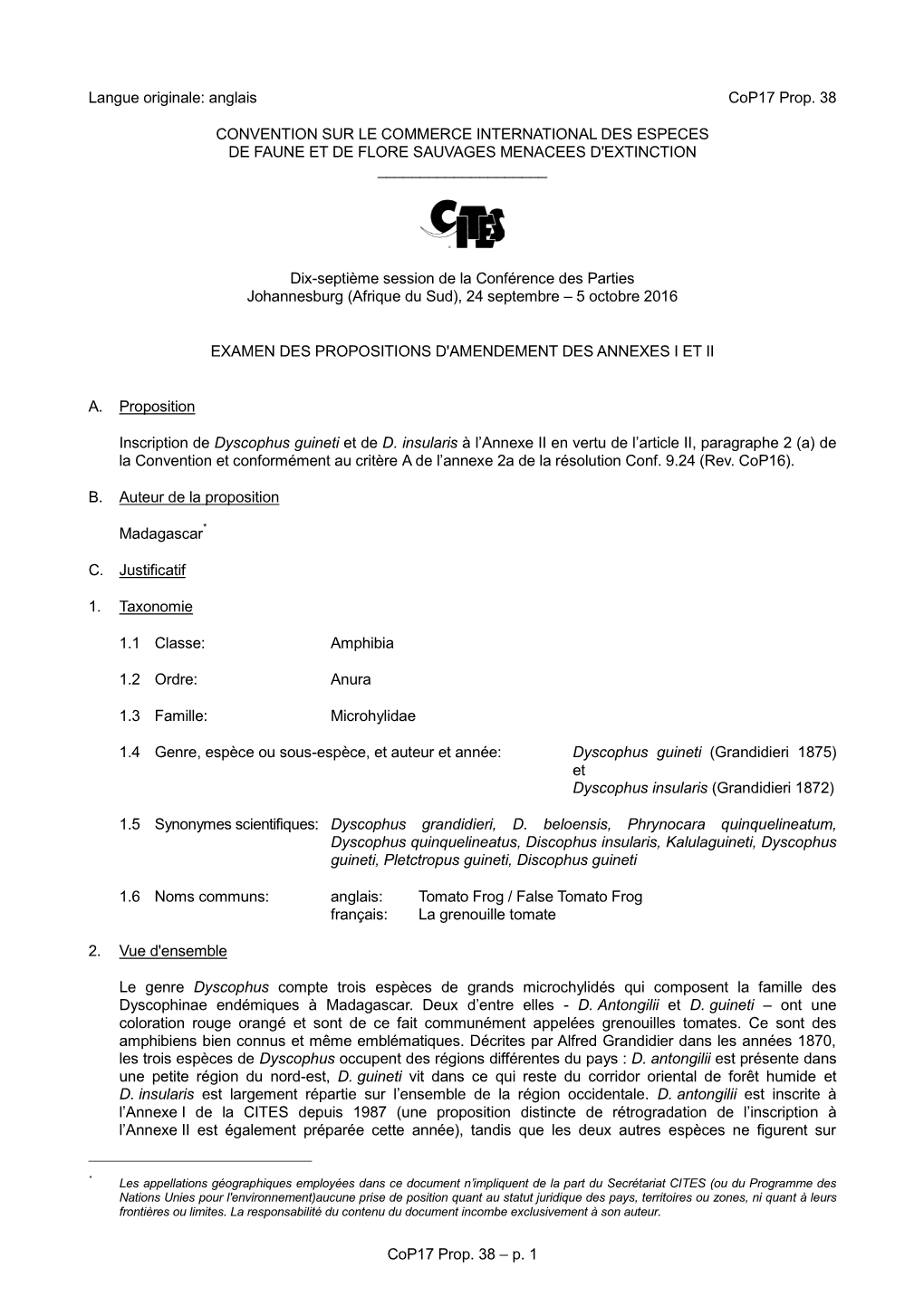 Proposal for Amendment of Appendix I Or II for CITES Cop16