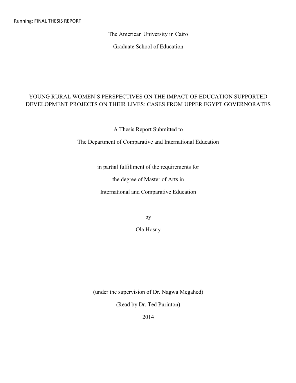 Young Rural Women's Perspectives on the Impact of Education Supported Development Projects on Their Lives: Cases from Upper Egypt Governorates