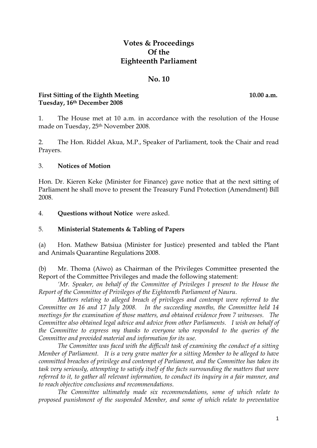 Votes & Proceedings of the Eighteenth Parliament No. 10