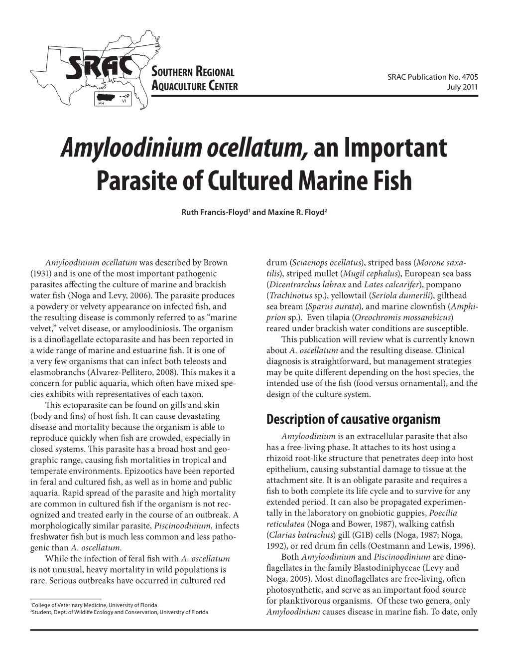 Amyloodinium Ocellatum,An Important Parasite of Cultured Marine Fish