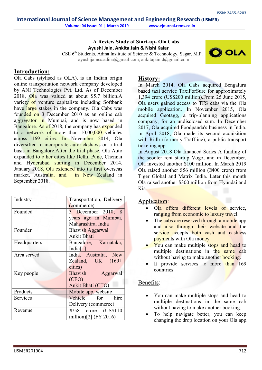 Ola Cabs Ayushi Jain, Ankita Jain & Nishi Kalar CSE 6Th Students, Adina Institute of Science & Technology, Sagar, M.P