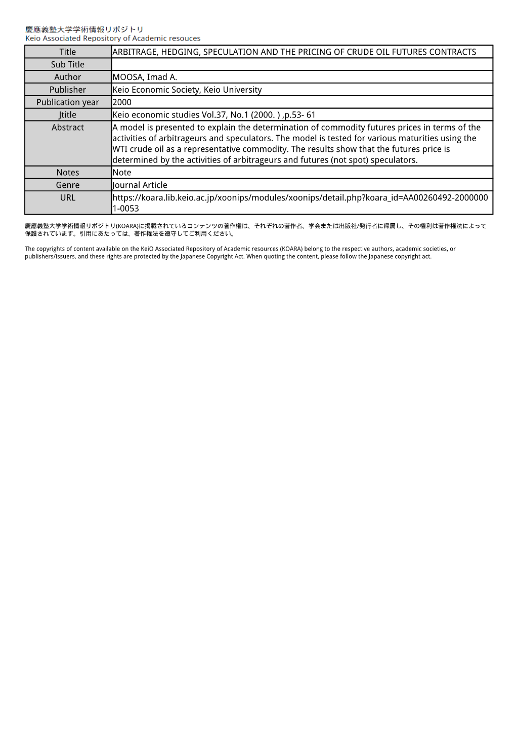 Title ARBITRAGE, HEDGING, SPECULATION and the PRICING of CRUDE OIL FUTURES CONTRACTS Sub Title Author MOOSA, Imad A