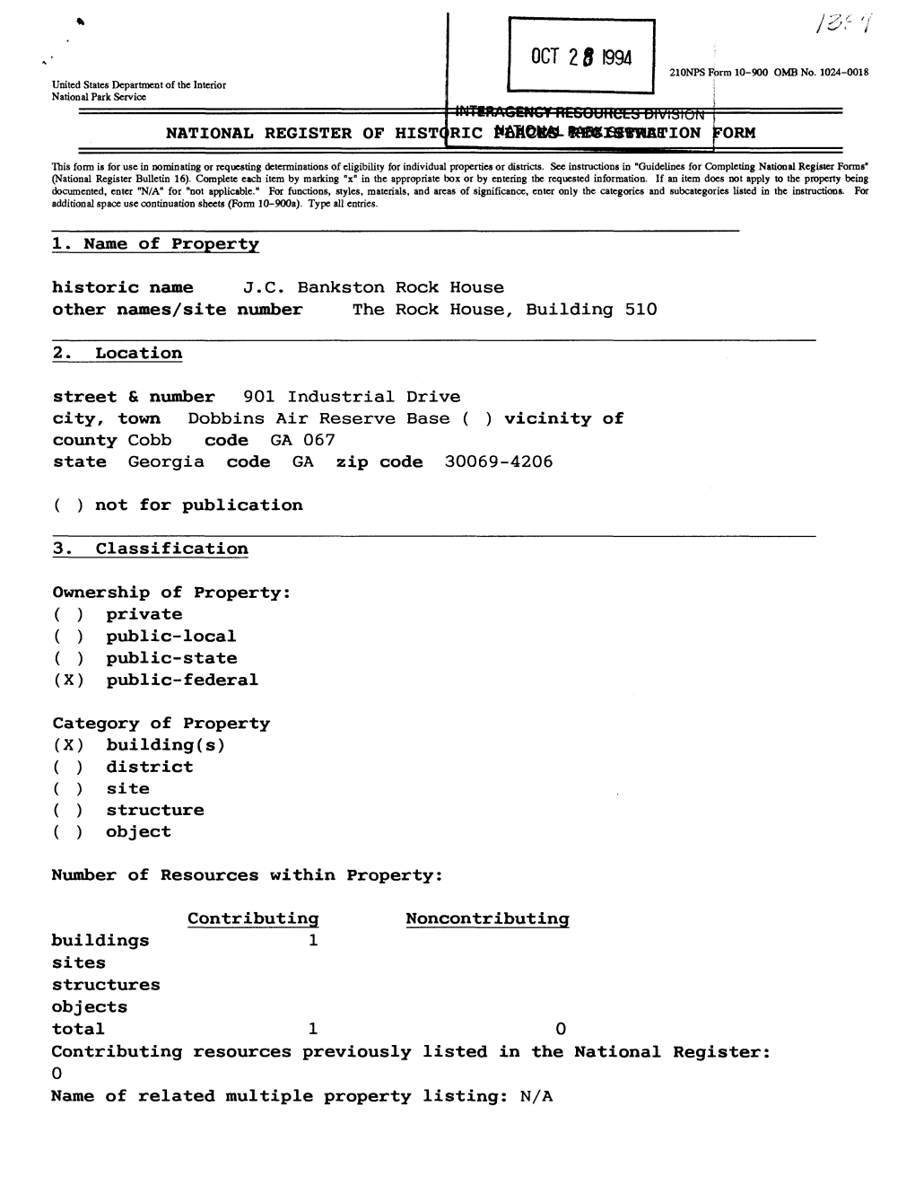 OCT 2 8 1994 210NPS Form 10-900 OMB No