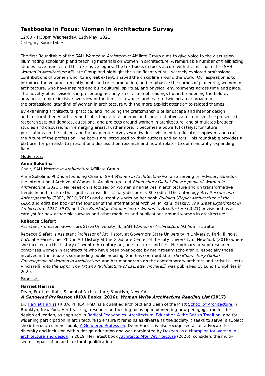 Textbooks in Focus: Women in Architecture Survey 12:00 - 1:30Pm Wednesday, 12Th May, 2021 Category Roundtable