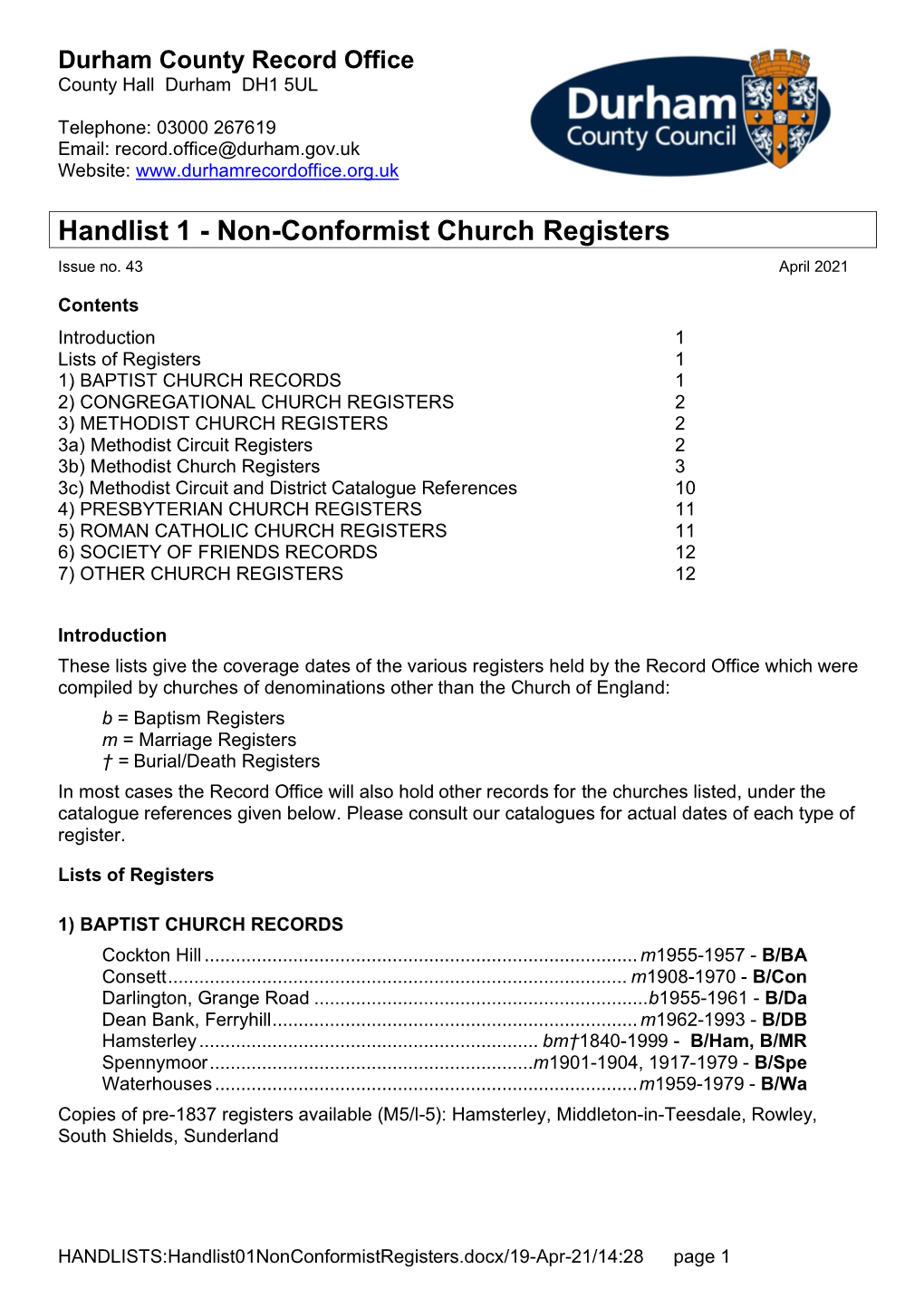 Non-Conformist Church Registers Issue No