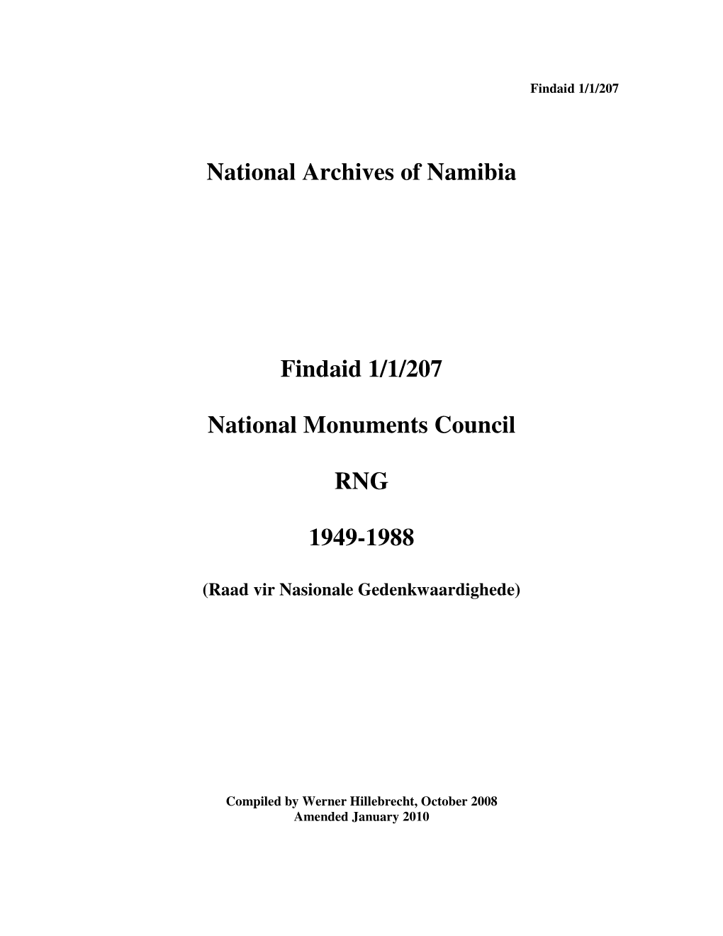 National Archives of Namibia Findaid 1/1/207 National Monuments
