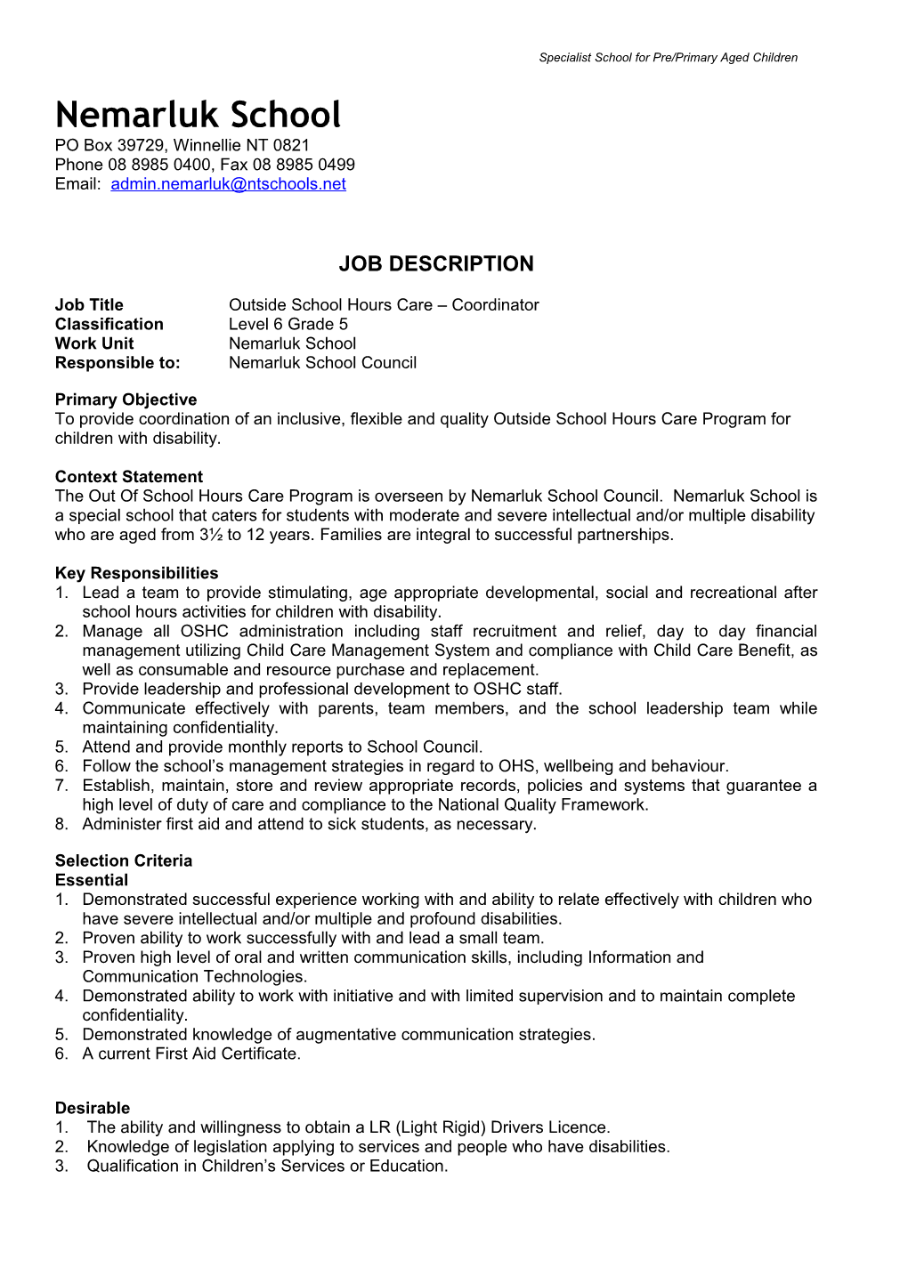 Job Titleoutside School Hours Care Coordinator