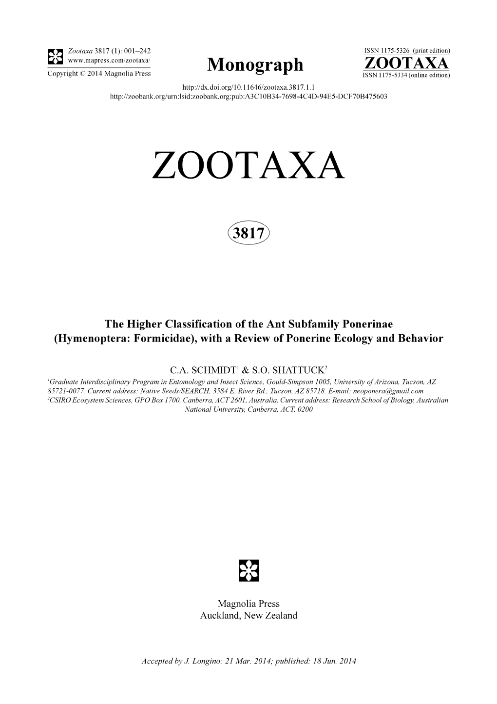 The Higher Classification of the Ant Subfamily Ponerinae (Hymenoptera: Formicidae), with a Review of Ponerine Ecology and Behavior