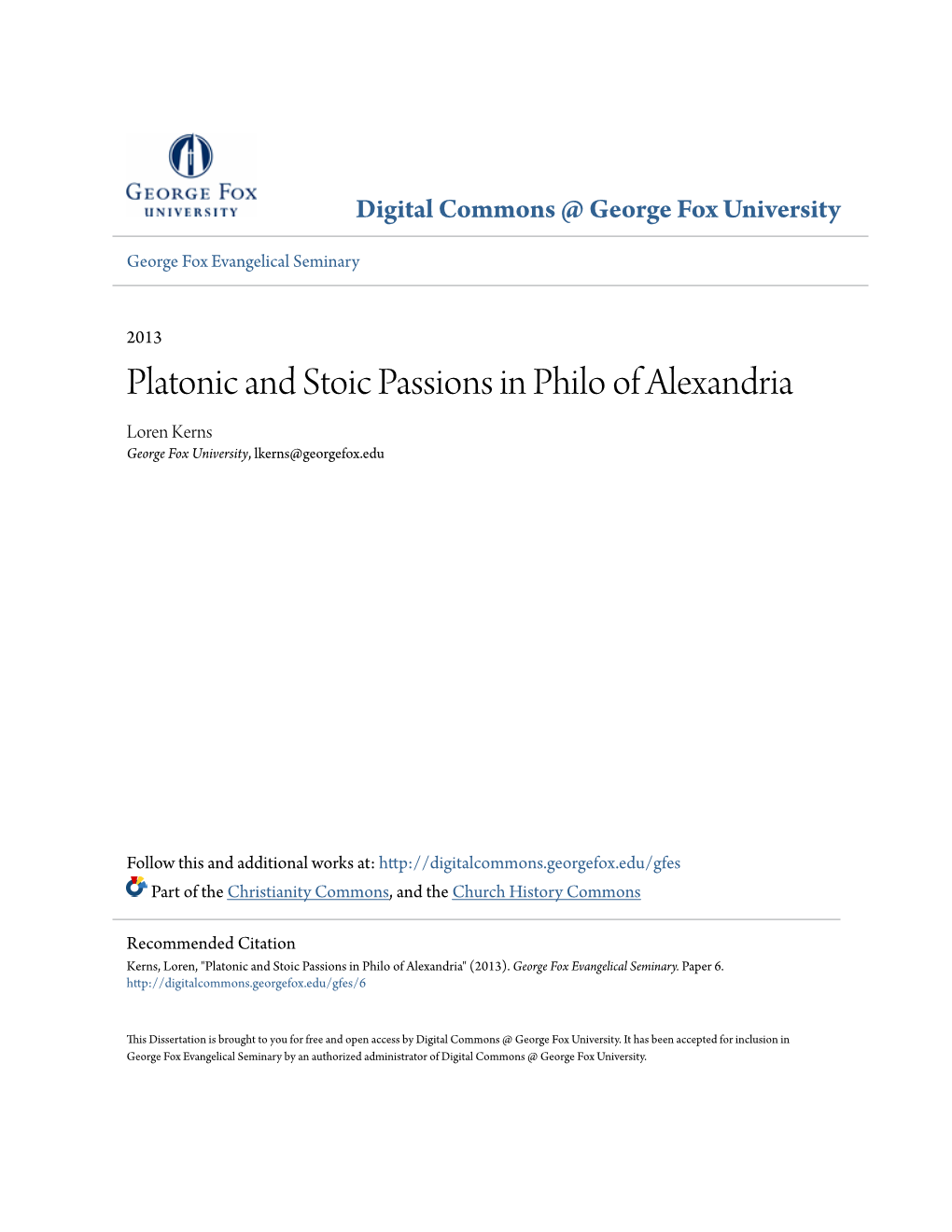 Platonic and Stoic Passions in Philo of Alexandria Loren Kerns George Fox University, Lkerns@Georgefox.Edu