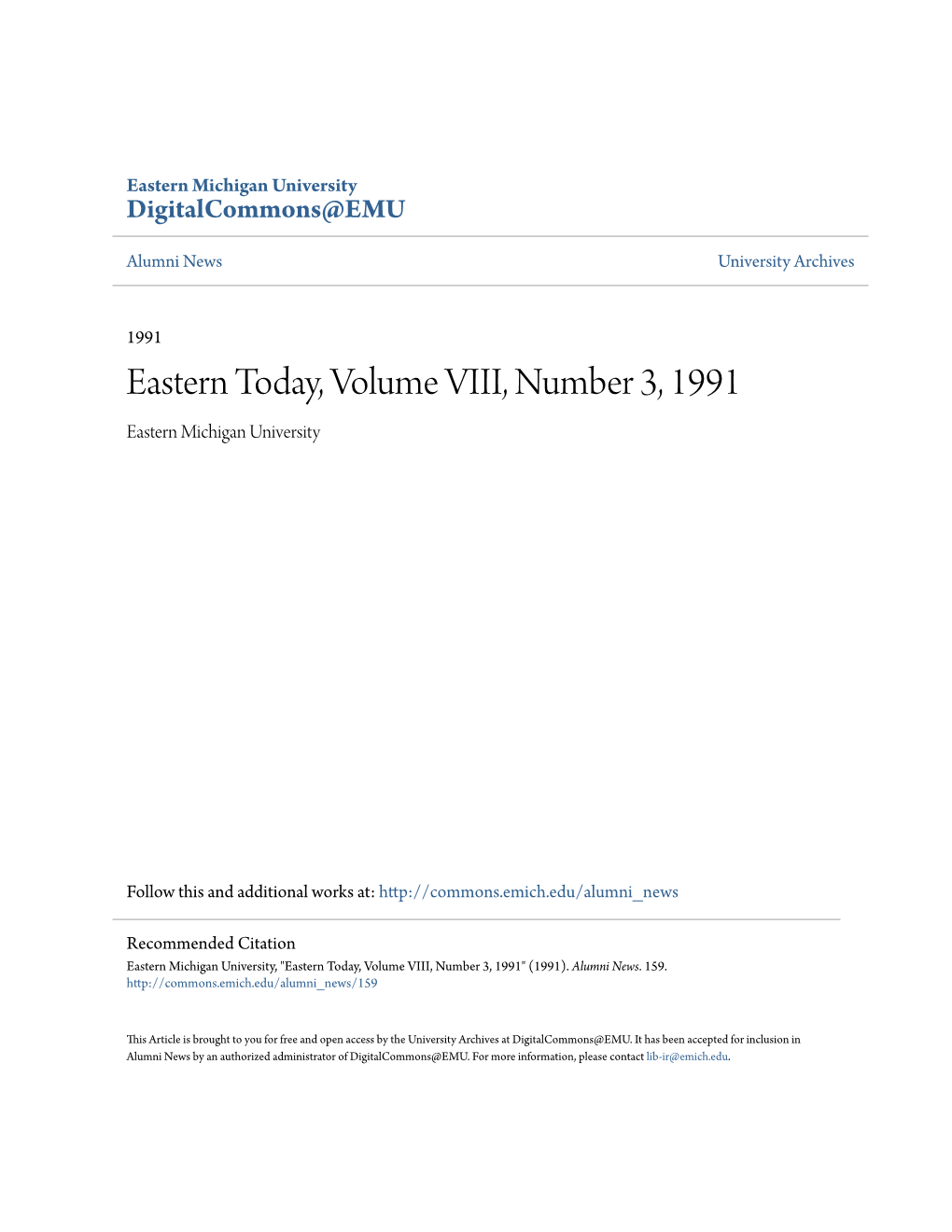 Eastern Today, Volume VIII, Number 3, 1991 Eastern Michigan University